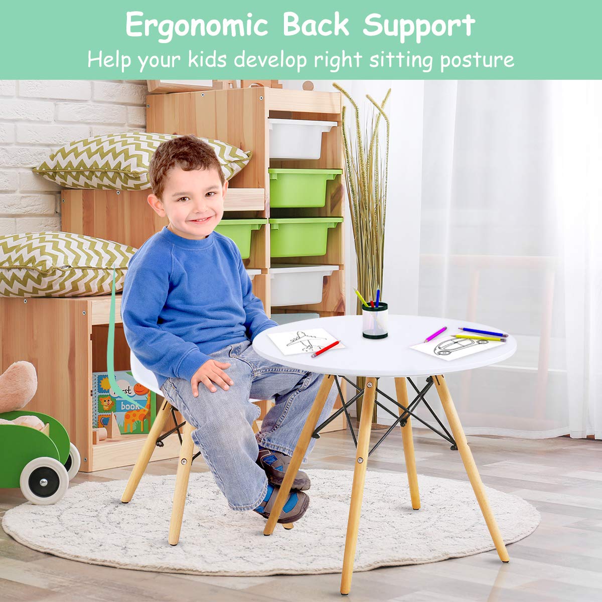 Costzon 5-Piece Kids Table and Chair Set - Mid-Century Modern Style Wooden Legs & Iron Frame Toddler Desk for Dining, Drawing, Playing - High Weight Capacity (White) - Perfect for Preschool Learning, Playroom, and Children's Activities