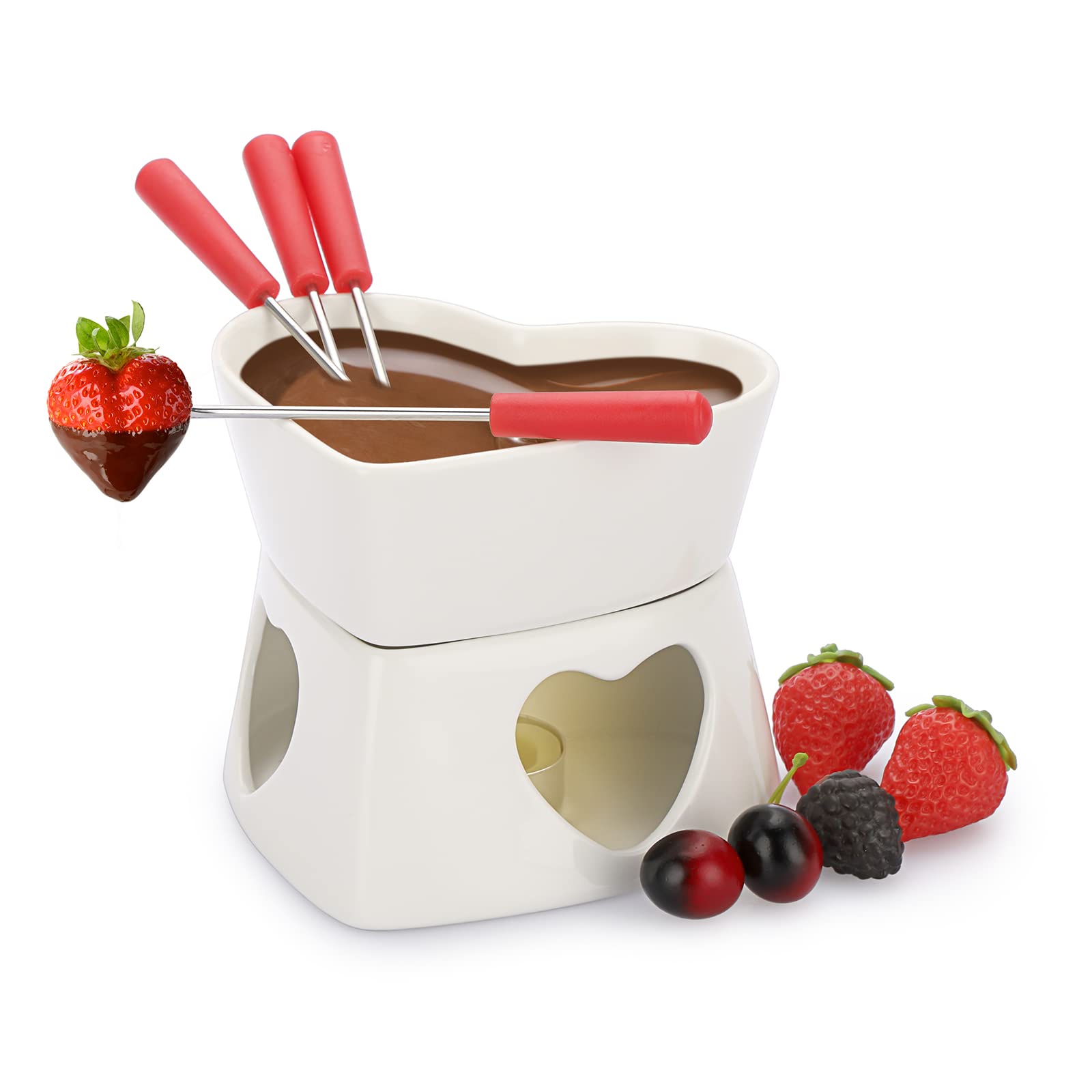 White Ceramic Butter Warmer Set - Heart Shaped Fondue Pot for Melting Cheese, Chocolate & Caramel - Includes 4 Forks - Perfect for Romantic Dinners, Parties & Family Gatherings