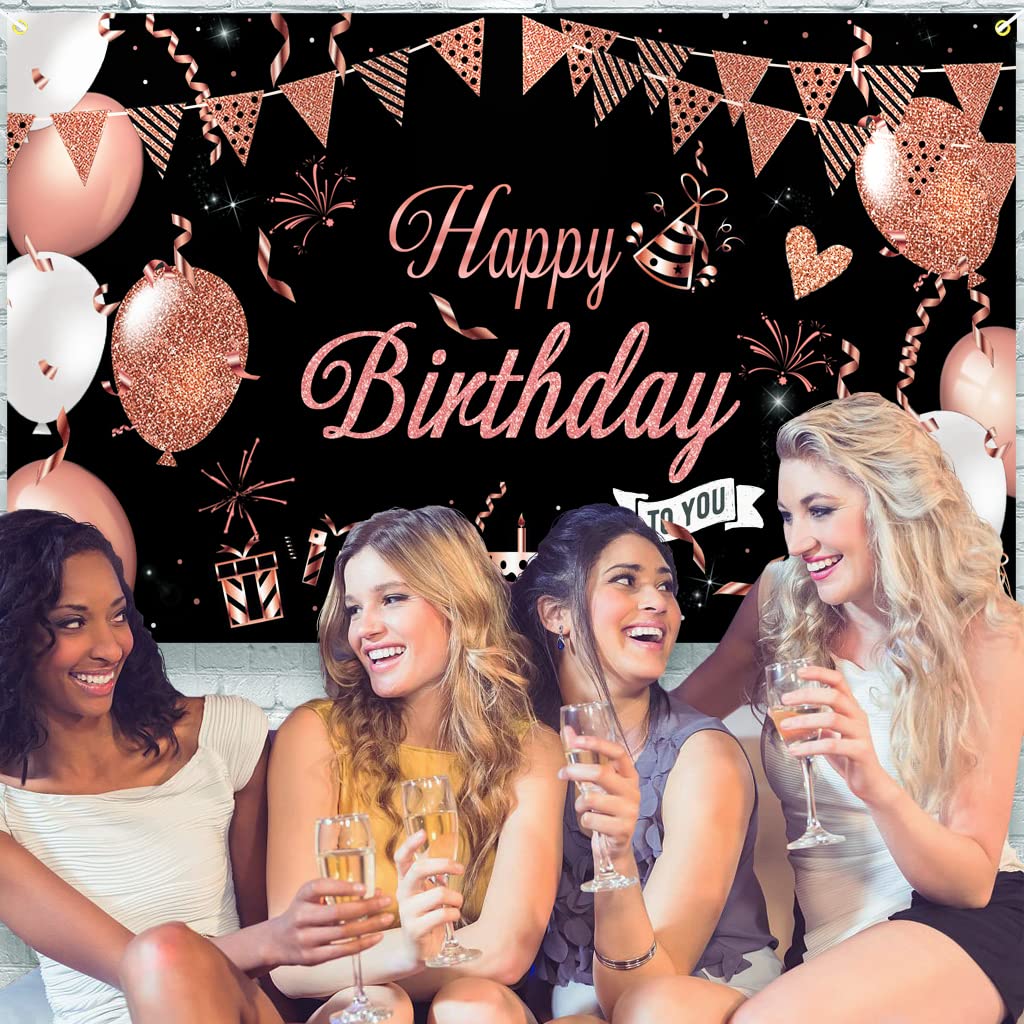 KOKAR Large Black & Rose Gold Happy Birthday Banner - Elegant Birthday Party Decorations for Girls & Women | Perfect for Birthday Backdrops, Wall Decor & Party Photo Booths