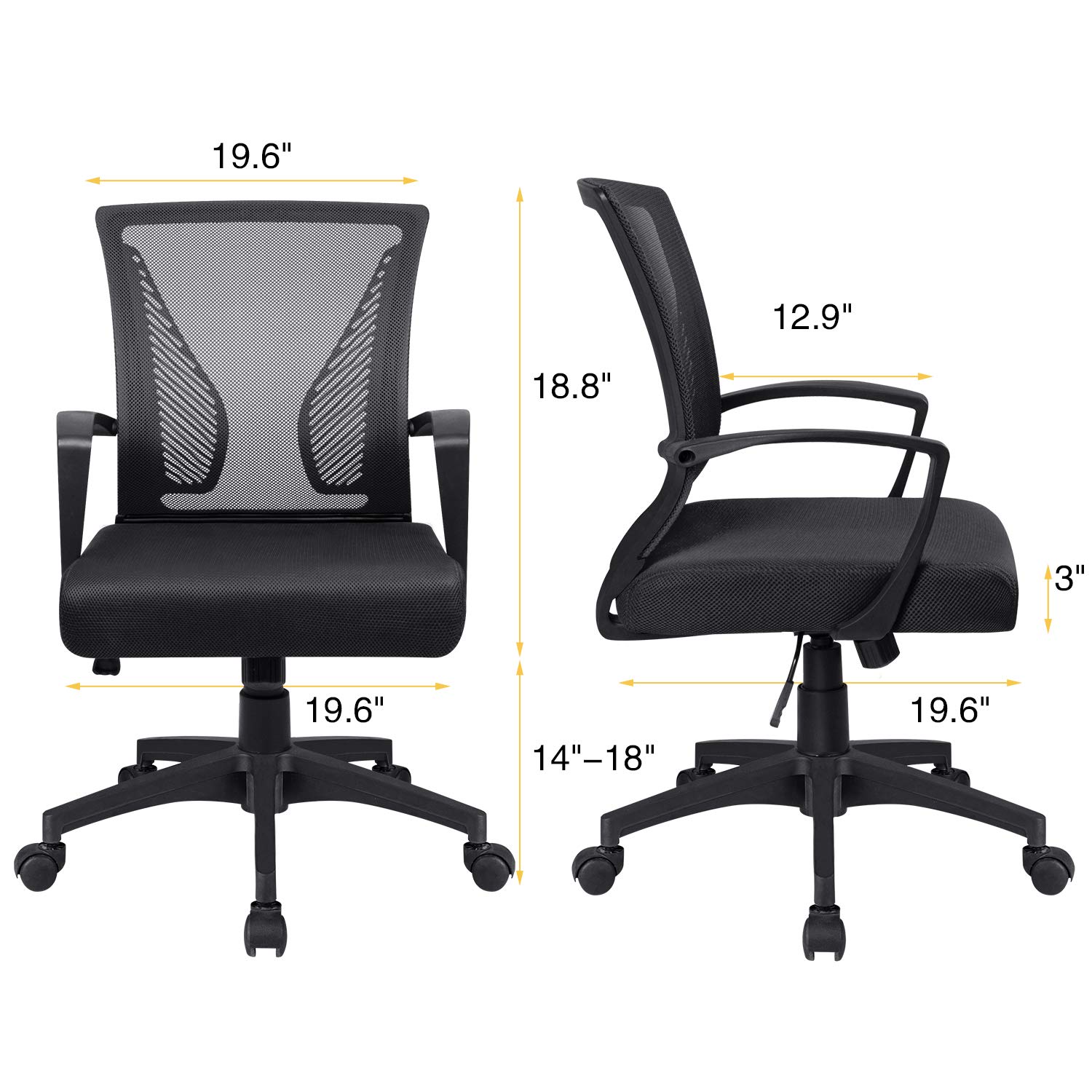 Ergonomic Mesh Office Chair with Lumbar Support - Adjustable Mid Back Computer Desk Chair, Swivel Rolling Task Chair with Armrest for Home & Office Use (Black) - Perfect for Long Work Hours, Gaming & Study Sessions