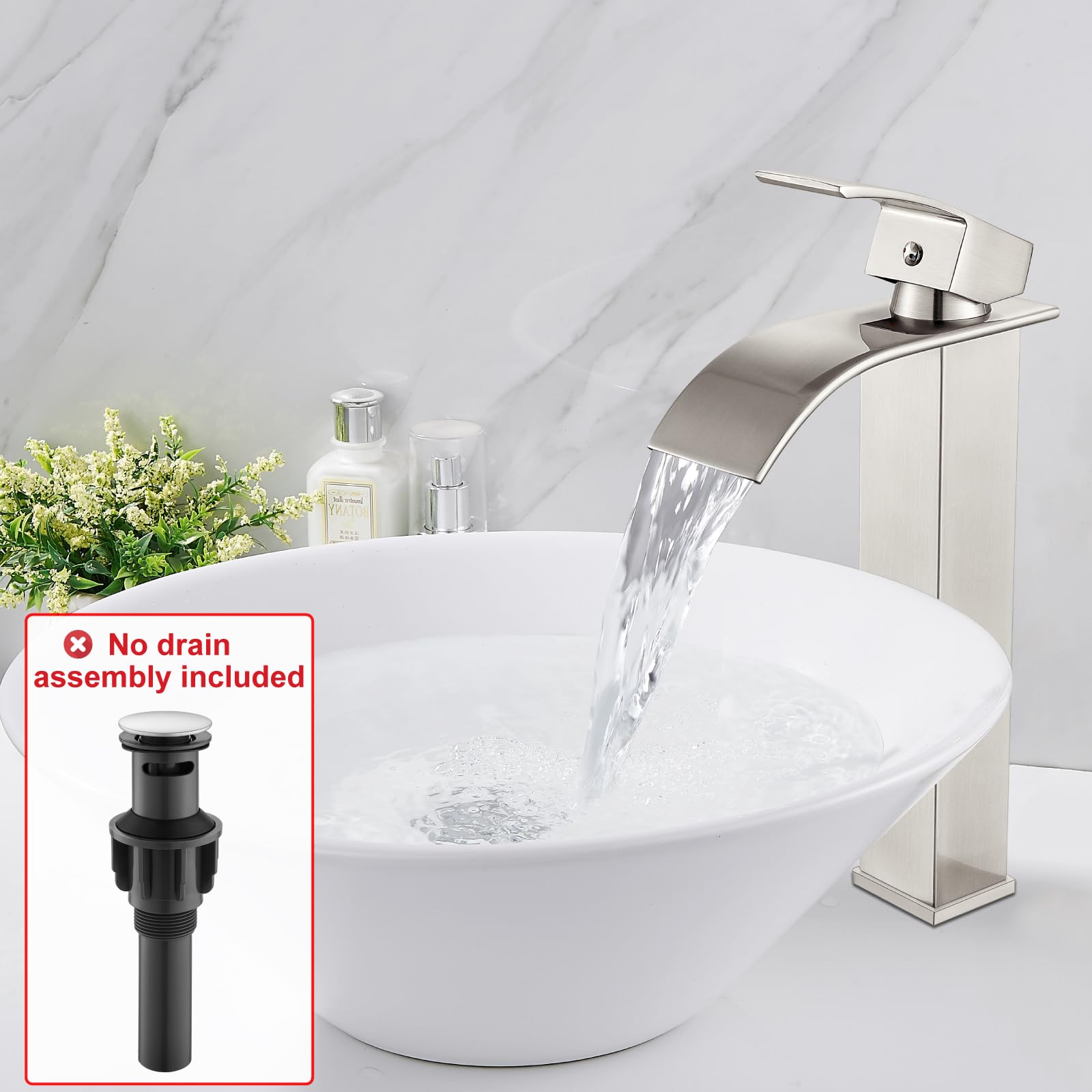 Modern Tall Waterfall Bathroom Faucet - Brushed Nickel for Sink & Vanity
