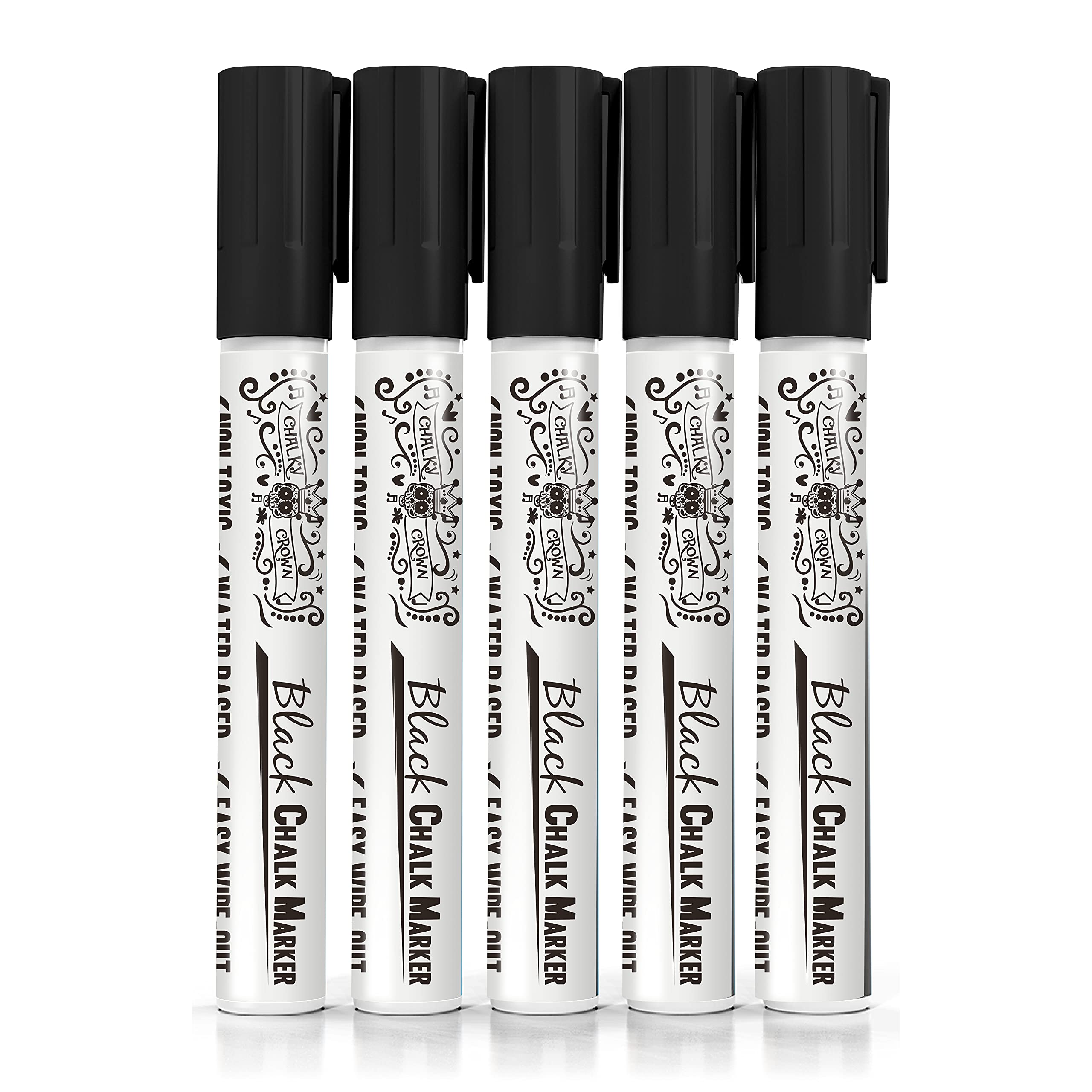CHALKY CROWN Liquid Chalk Markers 5 Pack - Dry Erase Markers for Chalkboard, Blackboard, Glass & Windows - 6mm Reversible Tip Non-Toxic Markers - Perfect for Restaurants, Cafes, Retail Signs & Classroom Whiteboards (Black)