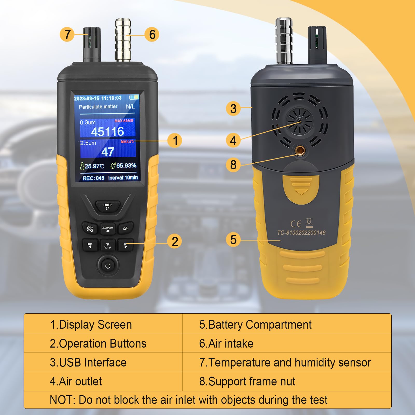 **Air Quality Monitor - PM0.3/2.5/10μm Particle Counter with Temperature & Humidity Sensor | High Sensitivity 3-Channel (0-1000μg/m³) | USB Rechargeable | Ideal for Home, Office & Travel**