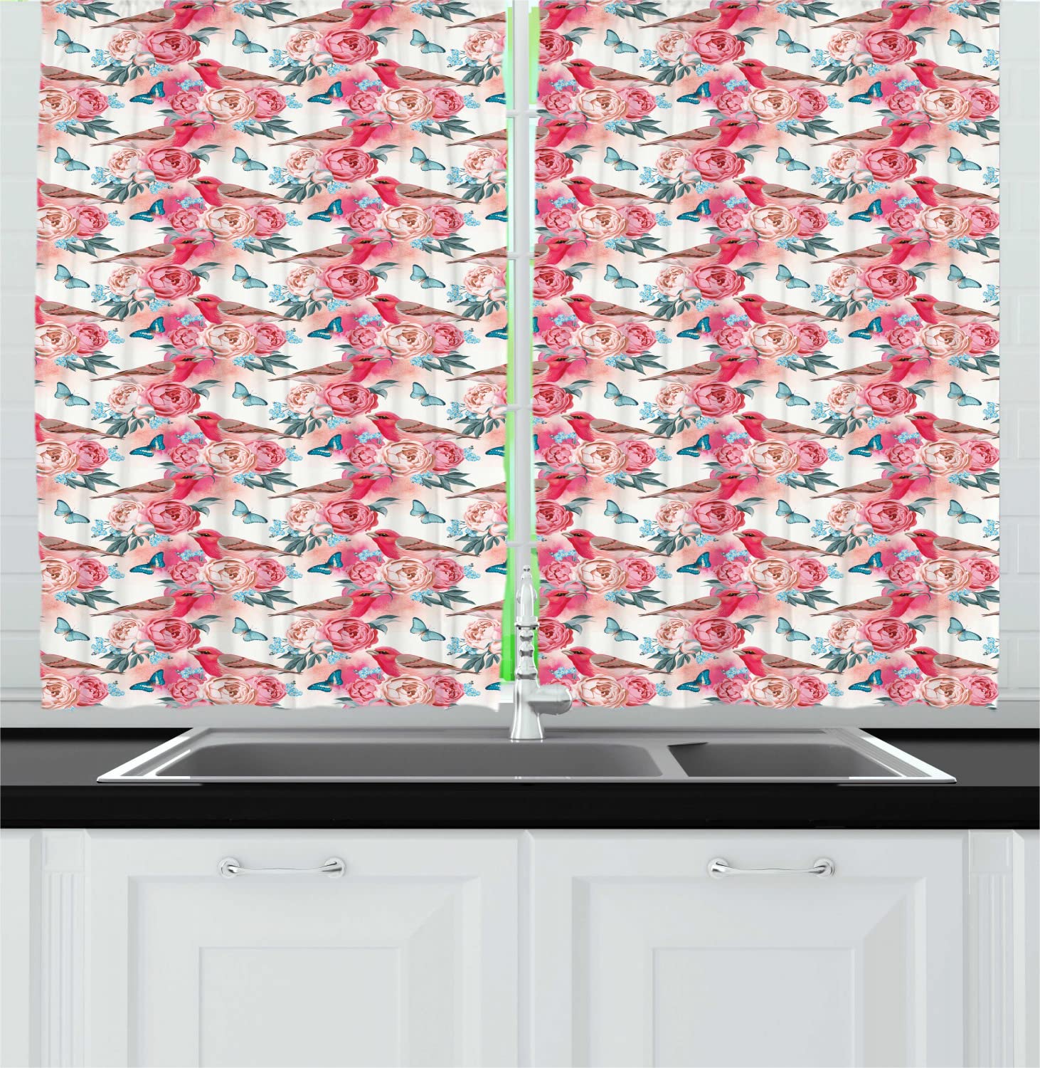 Ambesonne Romantic Vintage Long Kitchen Curtains - Pastel Finch Birds, Rose Blossoms & Butterflies Design, Wedding Celebration Drapes with Rod Pocket, 55x45 Inches, Pink & Cadet Blue - Perfect for Farmhouse, Cottage & Vintage Style Kitchen Decor
