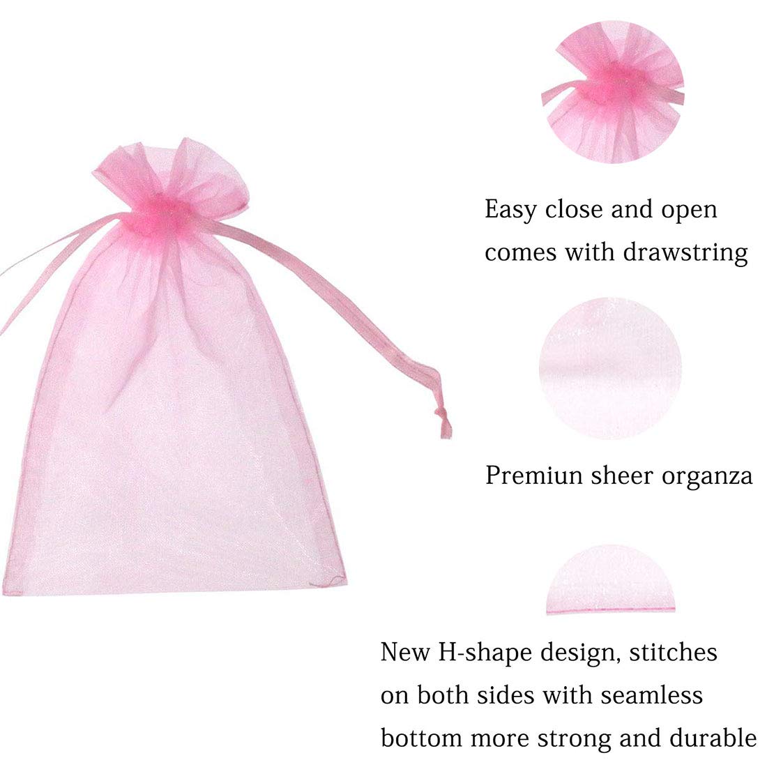 100 Pcs 5x7 Inches Pink Organza Gift Bags with Drawstring Satin Ribbon - Sheer See-Through Fabric Favor Pouches for Baby Shower, Wedding, Party Favors & Decorations - Perfect for Jewelry, Card Deck, Holiday Gifts & Special Occasions