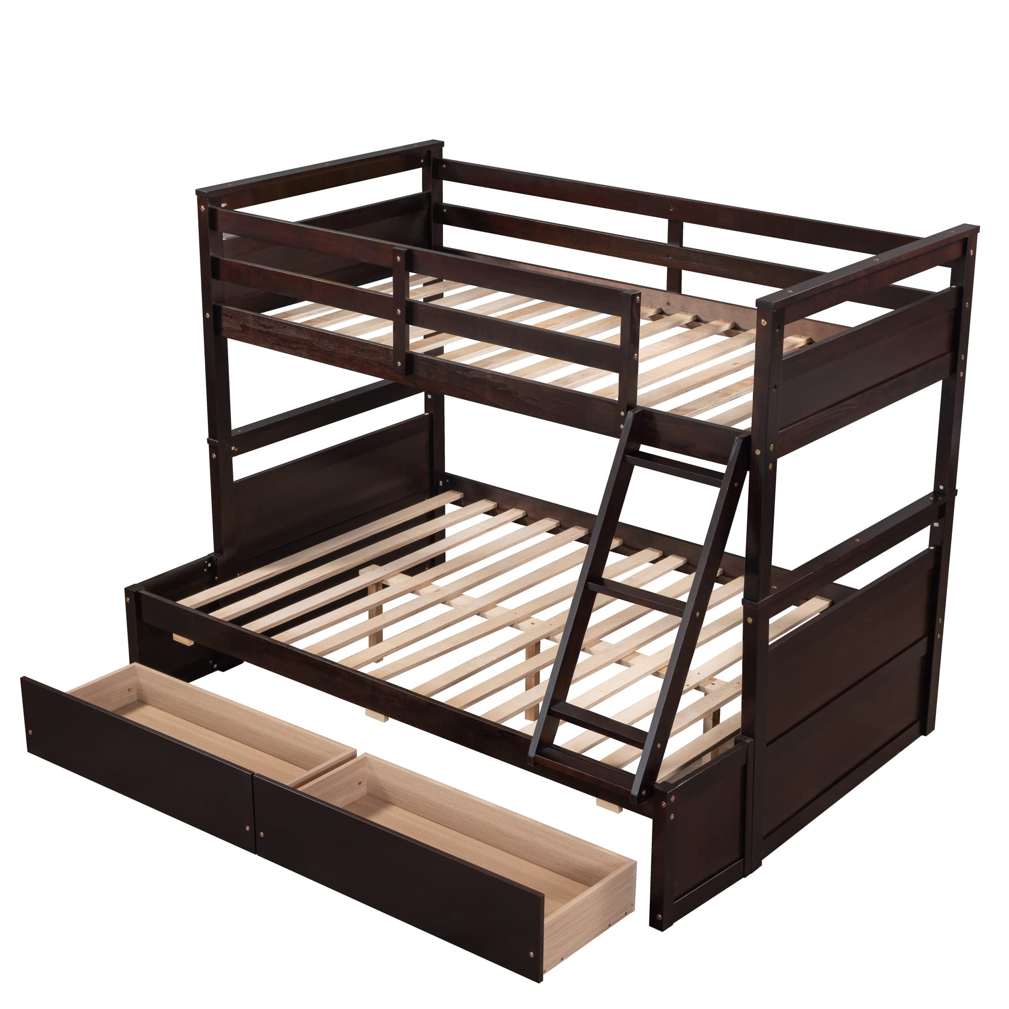 Twin Over Full Bunk Bed with Storage - Solid Wood Frame, Safety Rail - Convertible to 2 Beds for Kids & Adults - Espresso Finish for Bedroom