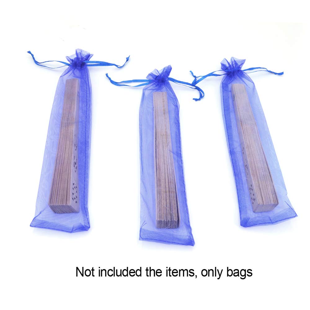 50Pcs Royal Blue Organza Fan Bags - 2x10 Inches Folding Hand Fan Decorative Drawstring Pouches for Wedding Favors, Party Gifts, Bridal Shower & Birthday Celebrations