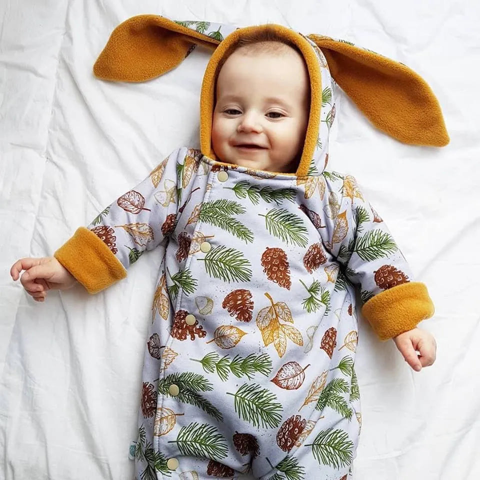 Reversible Pramsuit for Babies - Cozy Festive Leaves & Mustard Fleece Winter Wear | Perfect for Holiday Outings & Family Photos
