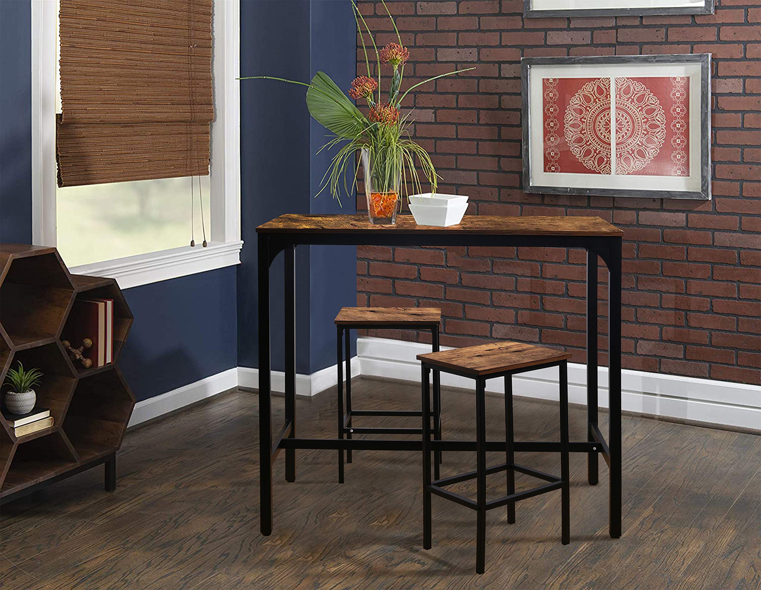 VEIKOU 47'' Adjustable Height Industrial Bar Table - Rustic Brown Metal Frame Pub Table for Kitchen, Dining Room & Outdoor Use - Sturdy High Top Table for Home & Commercial Spaces