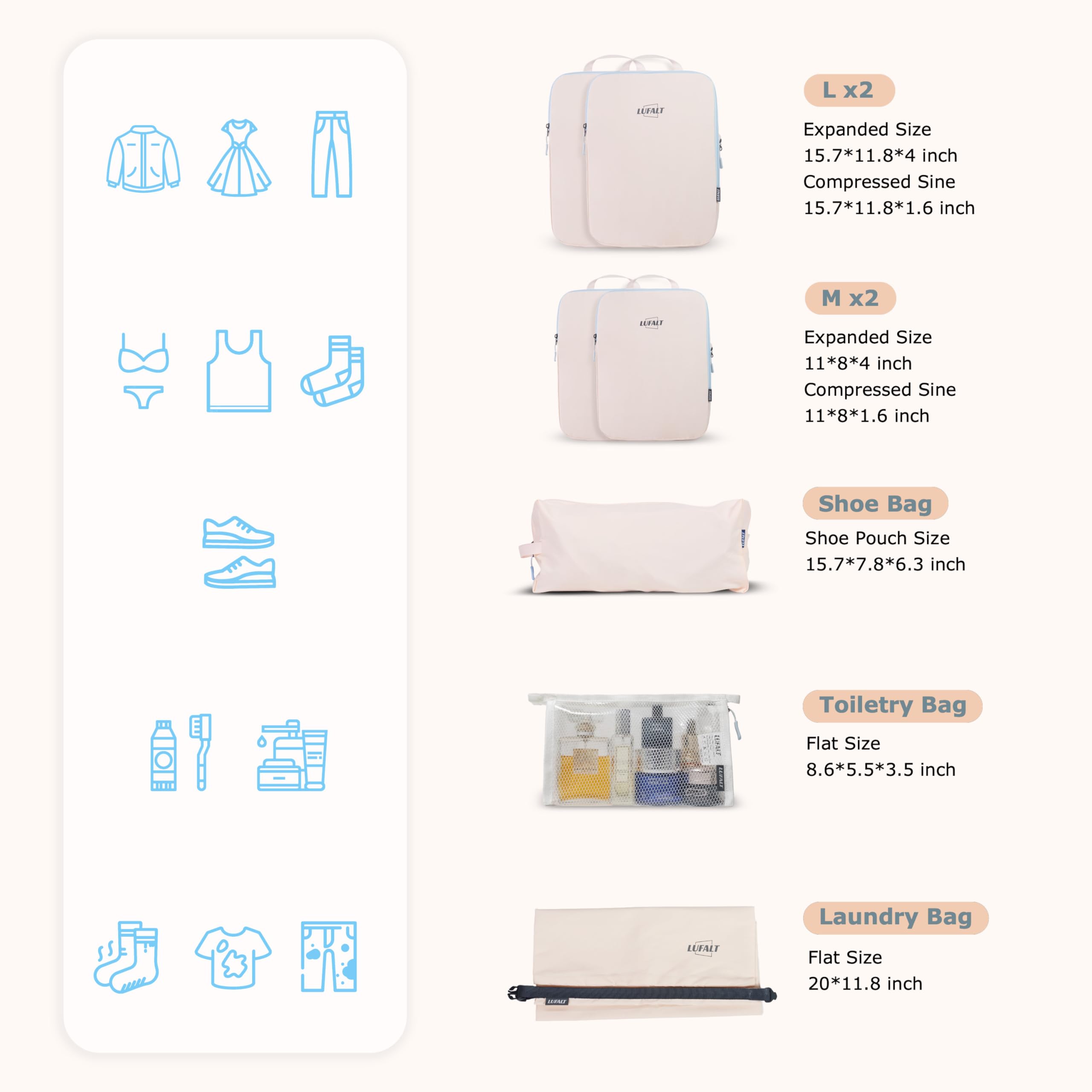 7-Piece Travel Luggage Organizer Set - Compressible & Expandable Packing Cubes in Cream | Carry-On Essentials for Women | Perfect Travel Gift for Mom | Ideal for Business Trips, Vacations & Weekend Getaways