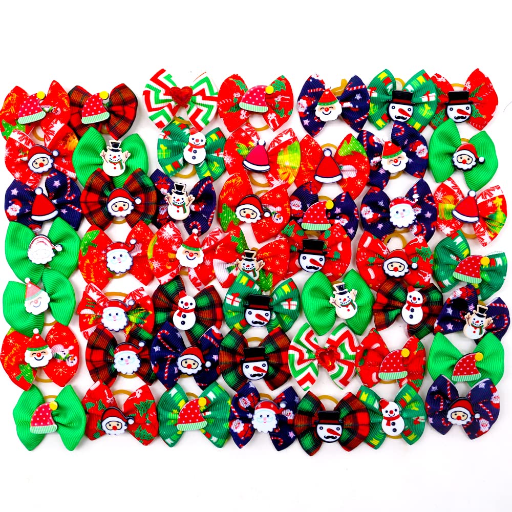 Christmas Dog Hair Bows - 20pcs Snowman Snowflake Pet Grooming Bands for Holiday Dress Up
