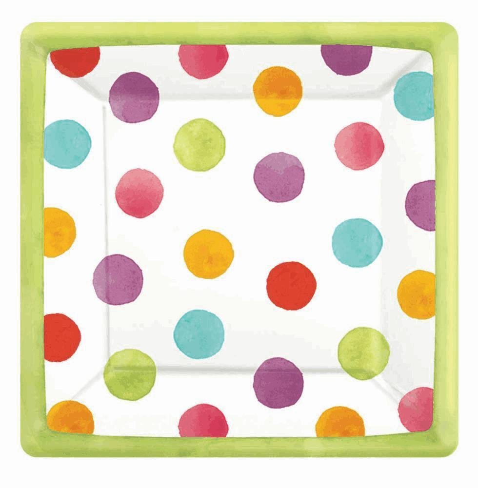 Amscan 18-Pack Disposable Square Paper Dessert Plates - 7x7 Inch Watercolor Polka Dot Design for Parties, Weddings & Events | Colorful Eco-Friendly Tableware for Birthdays, Baby Showers & Celebrations
