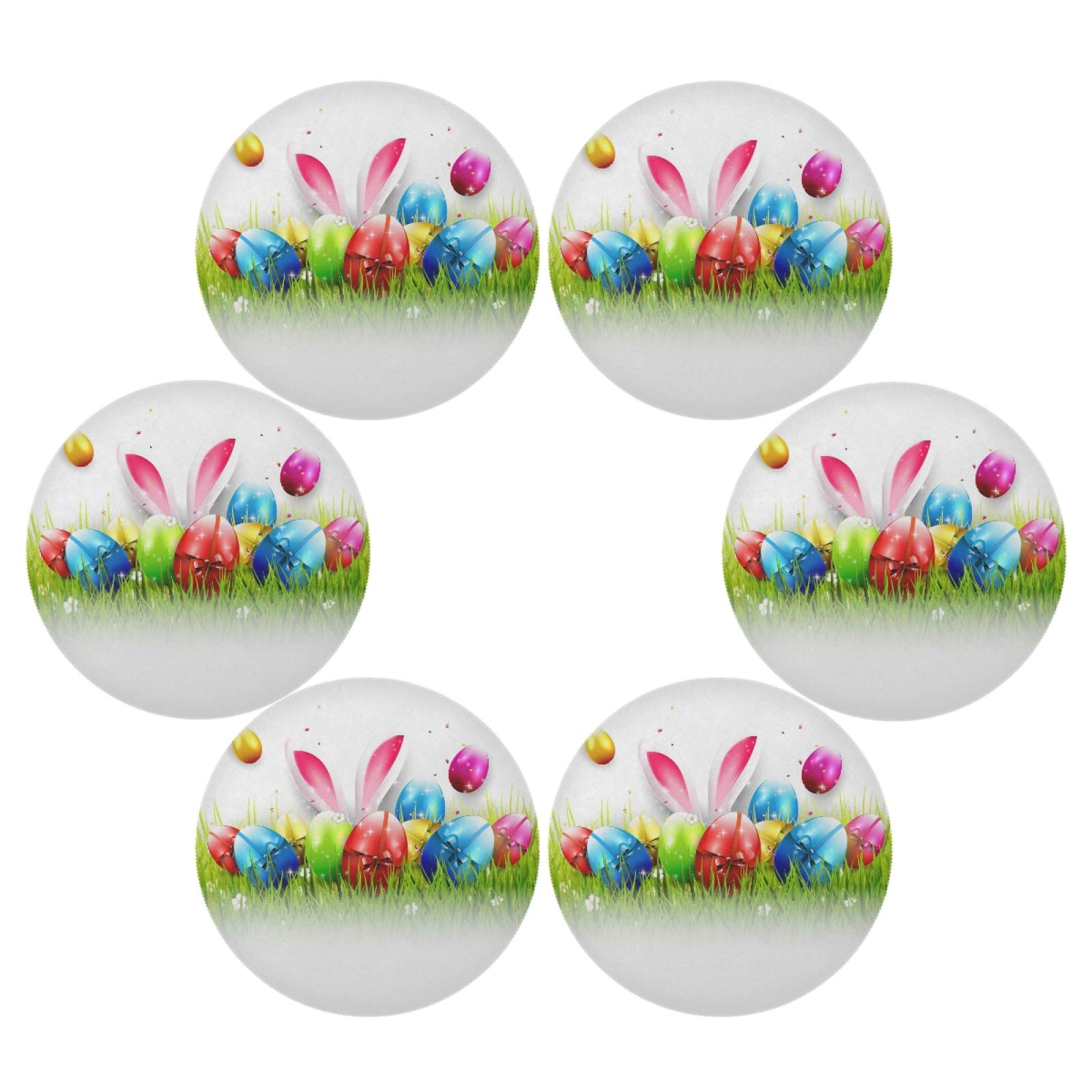 Easter Round Placemats Set of 6 - Colorful Eggs & Bunny Design Washable Kitchen Table Mats for Holiday Dining & Party Decorations