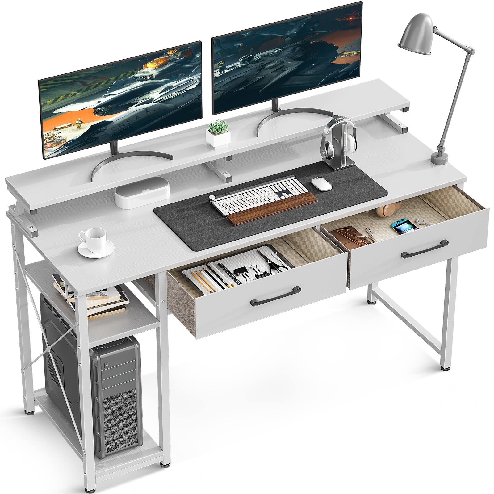 ODK 47-inch White Computer Desk with Drawers & Storage Shelves - Home Office Desk with Monitor Stand, Compact PC Workstation for Small Spaces | Perfect for Remote Work, Gaming & Study