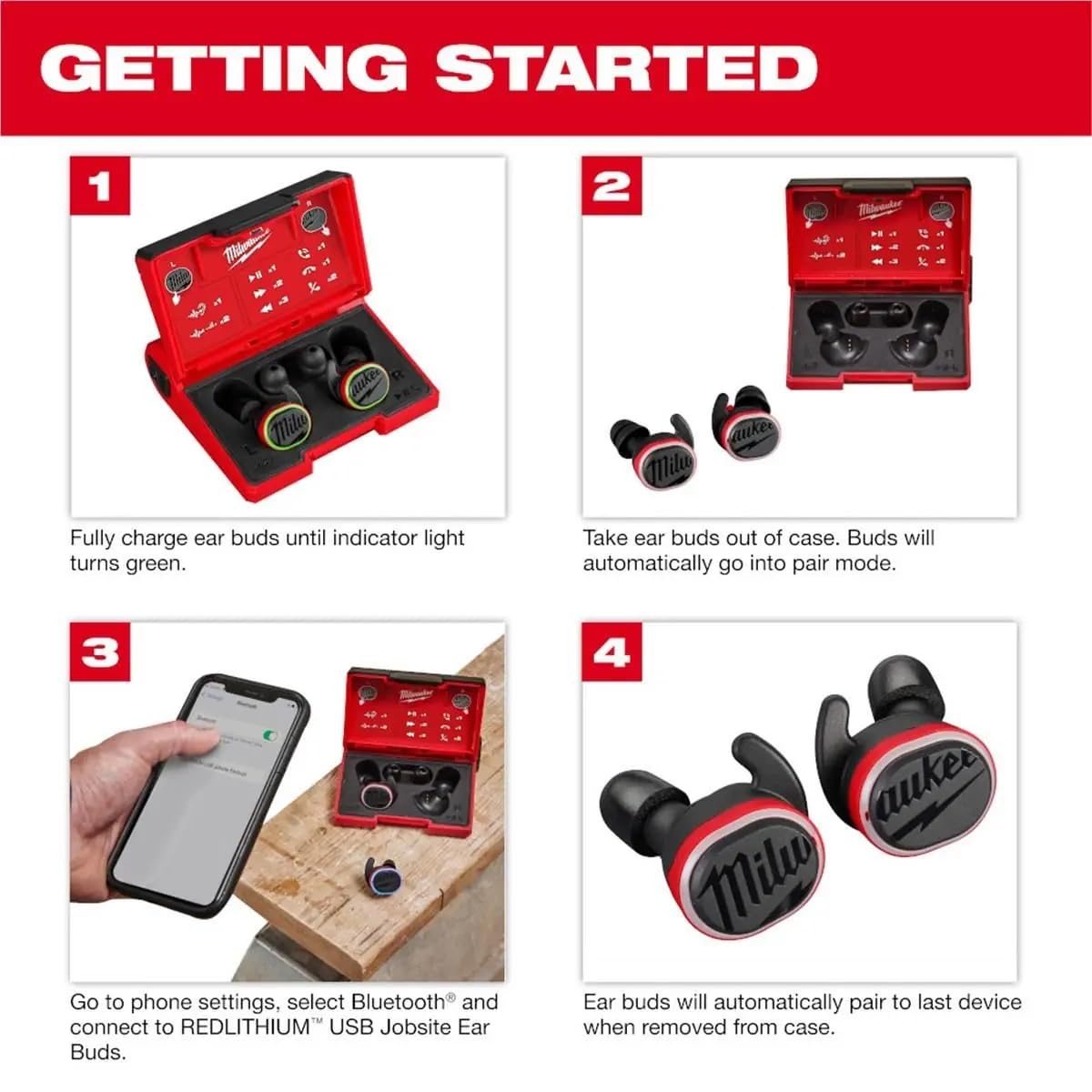 Milwaukee 2191-21 REDLITHIUM USB Bluetooth Jobsite Ear Buds - Wireless Noise Cancelling Earbuds for Construction, Work & Outdoor Activities