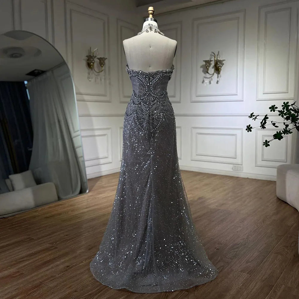 Elegant Arabic Silver Mermaid Evening Gown with Beaded Pearls & Crystal Embellishments for Women - Perfect for Parties, Prom, and Special Occasions in 2025
