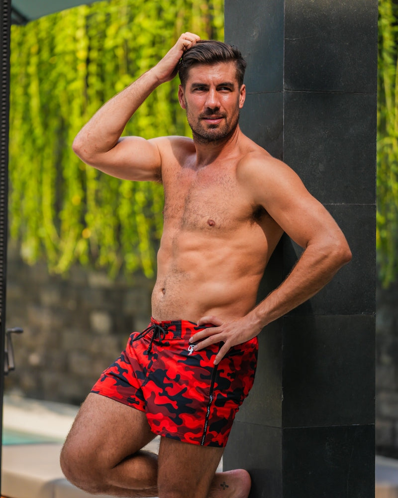 Men's Red Camo Swim Shorts - Quick Dry Beach Board Shorts for Swimming, Surfing & Summer Vacations