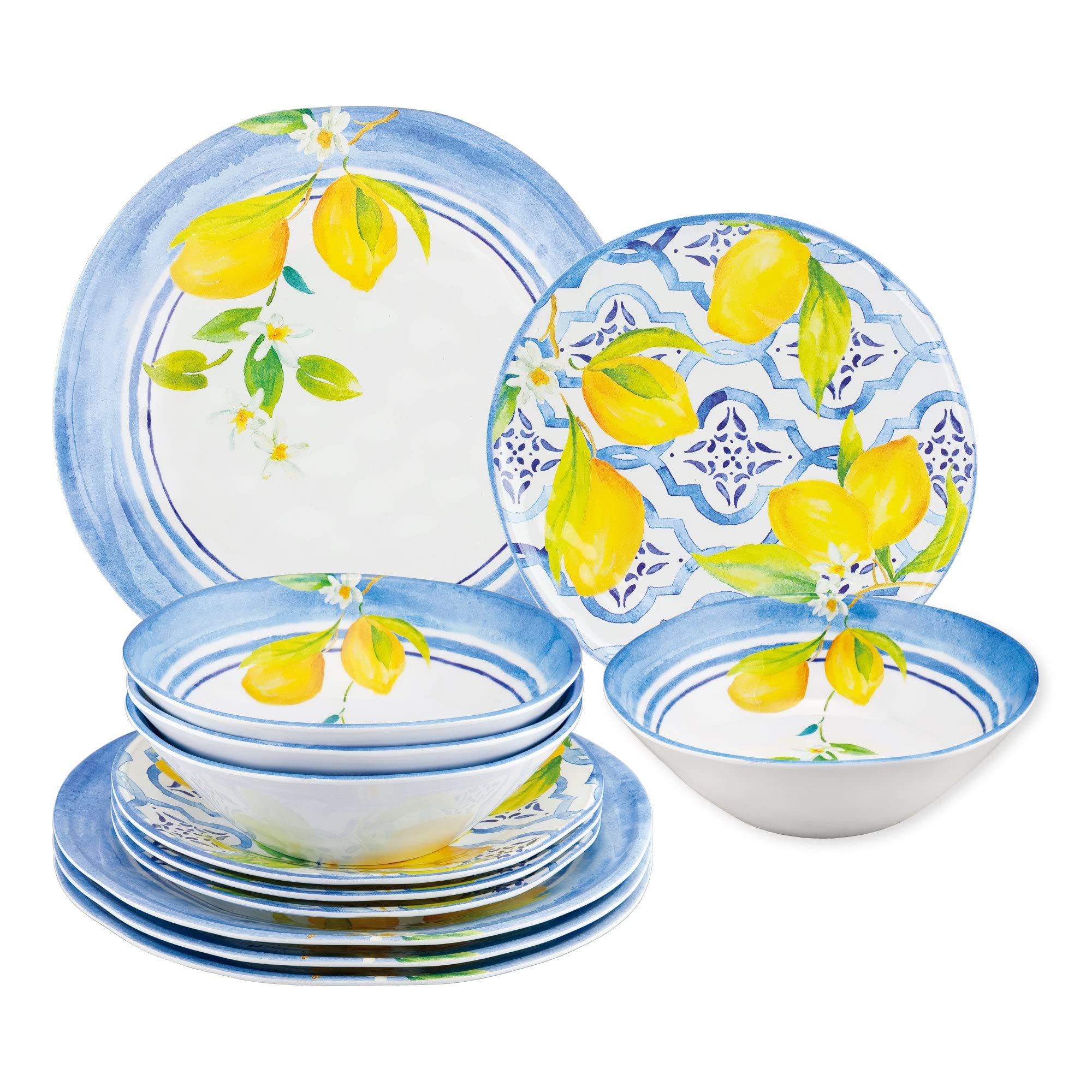 UPware 12-Piece Lovely Lemons Melamine Dinnerware Set - Durable Outdoor Dishes & Plates with Bowls, Service for 4, Vibrant Blue - Perfect for Picnics, BBQs, Pool Parties & Outdoor Dining