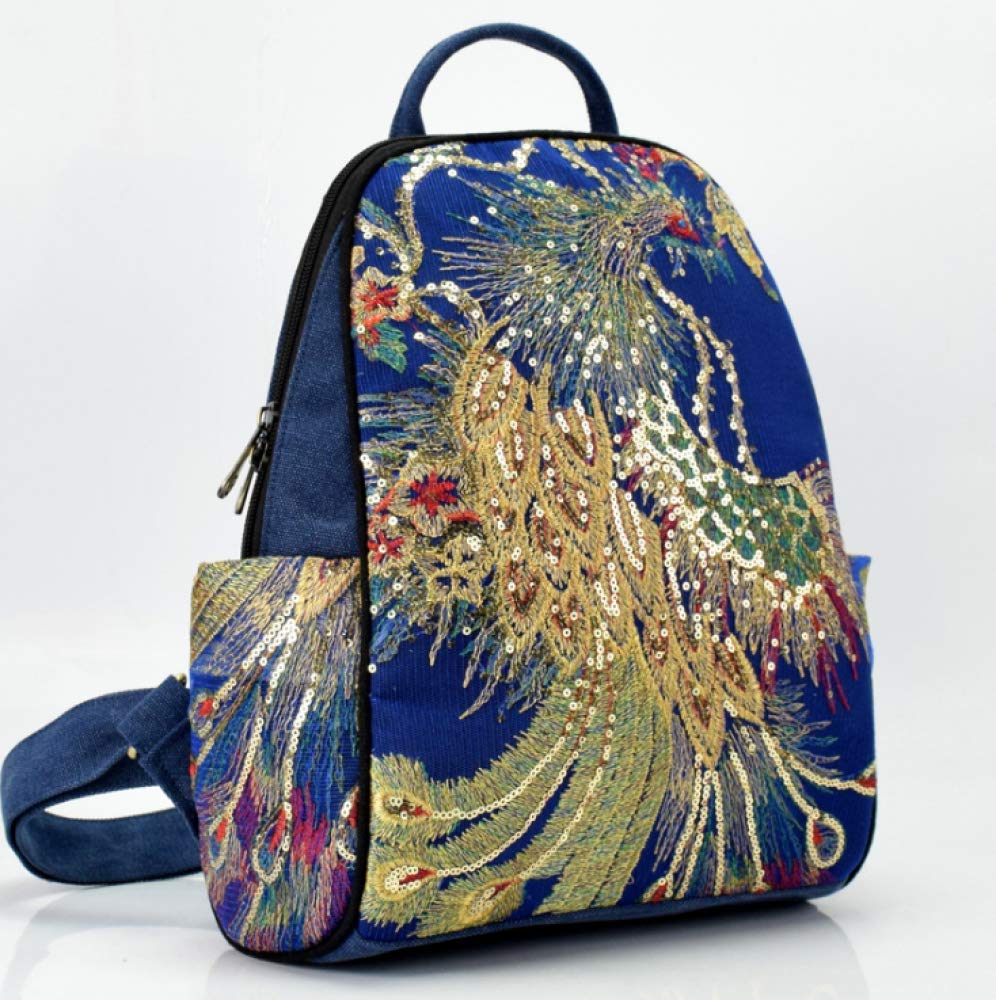 Stylish Women's Peacock Sequin Embroidered Canvas Backpack - Large Ethnic Boho Travel Bag (33×26×11cm) for College, Work & Festival Fashion Accessory