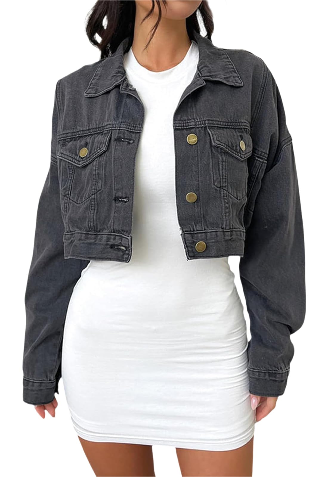 Women's Denim Cropped Jacket - Long Sleeve Button Down Shirt Coat for Casual Outfits | Perfect for Spring Layering, Date Nights & Streetwear Fashion