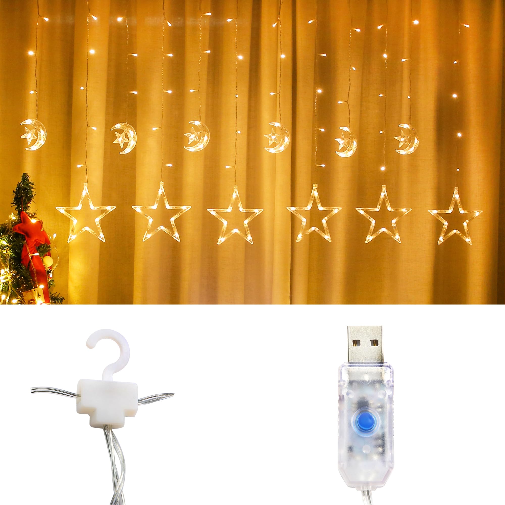 138 LED Curtain String Lights - Star Moon Icicle Fairy Lights with 8 Lighting Modes, Timer & USB Power, Dimmable for Window Wall Decor - Perfect for Bedroom, Wedding, Party & Outdoor Decoration (Warm White Crescent Moon)
