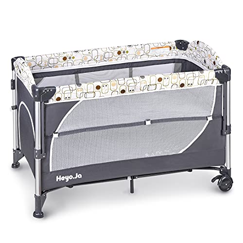 HeYo.Ja 4-in-1 Convertible Baby Playard with Bassinet - Double Layer Playpen, 5 Height Adjustable Crib, Starry Sky Design, Includes Toy Storage Bags, Wheels & Brake - Perfect for Nursery, Bedroom or Travel (Grey)