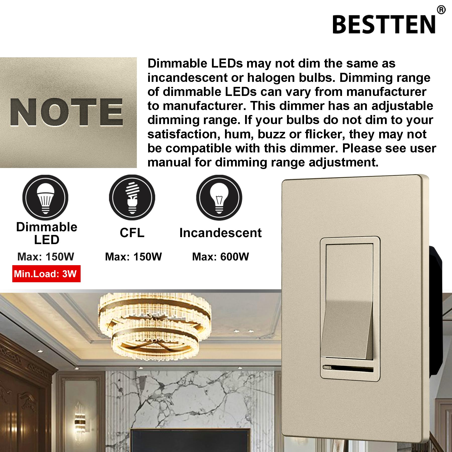 BESTTEN 10 Pack Matte Champagne Gold Dimmer Light Switch - Single Pole/3-Way - Works with Dimmable LED, CFL, Incandescent & Halogen Bulbs - 120VAC - UL Listed - Perfect for Living Room, Bedroom & Dining Room Lighting Control