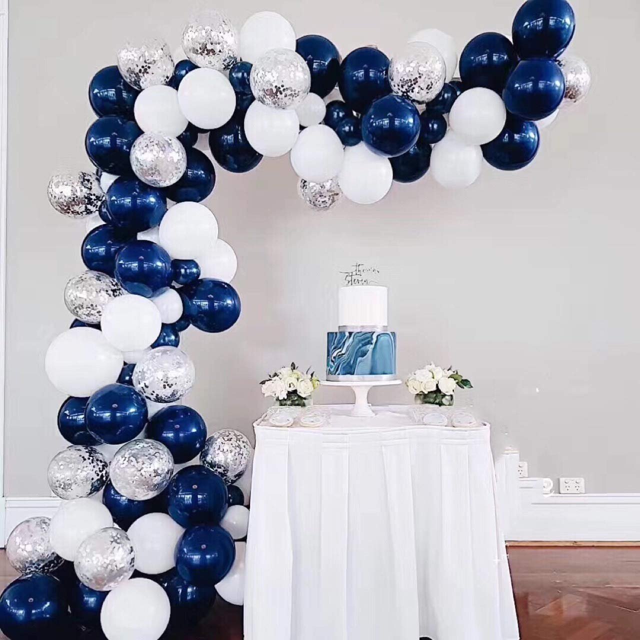 50 Pack Navy Blue Metallic & Pearl White Latex Balloons with Silver Confetti - Elegant Sea Blue Party Balloons for Boys Birthday, Baby Shower, Navy Themed Wedding, Graduation & Holiday Decorations