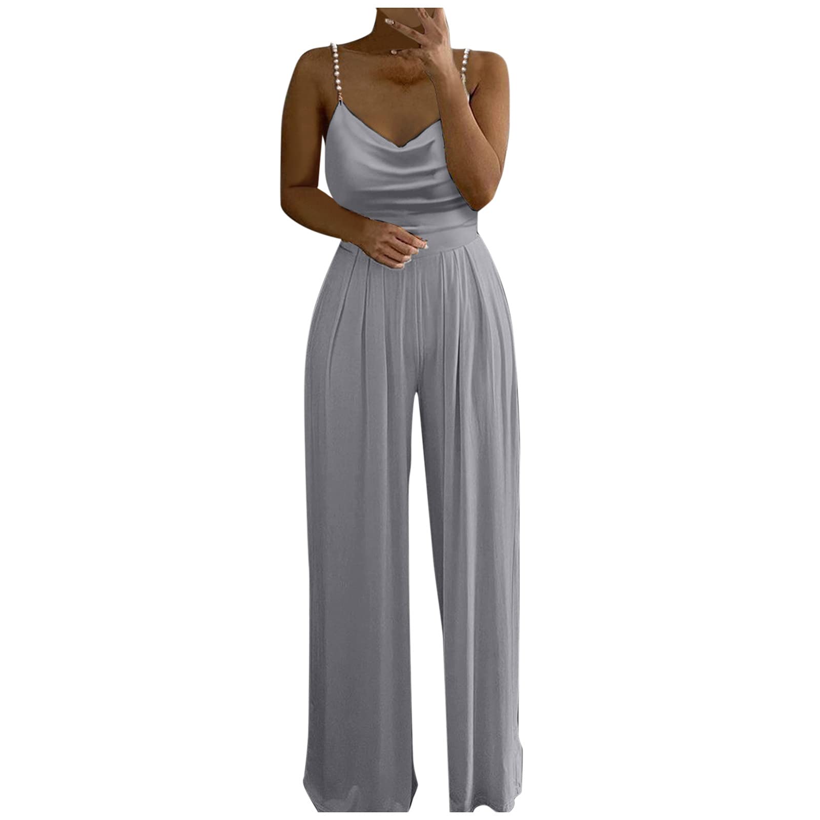 Sexy Women's Butt Lifting Romper with Pearl Top - Solid Color Sling Leg Jumpsuit & Wide Bib Overalls for Casual Outings, Date Nights & Summer Fashion