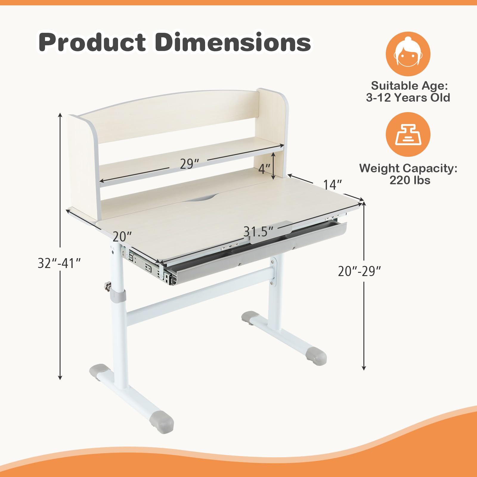 Costzon Adjustable Height Kids Desk with Tiltable Desktop, Storage Drawer & Hutch - Ergonomic Study Desk with Scale Ruler for Boys & Girls - Perfect for Homework, Drawing & Bedroom Organization (Grey)