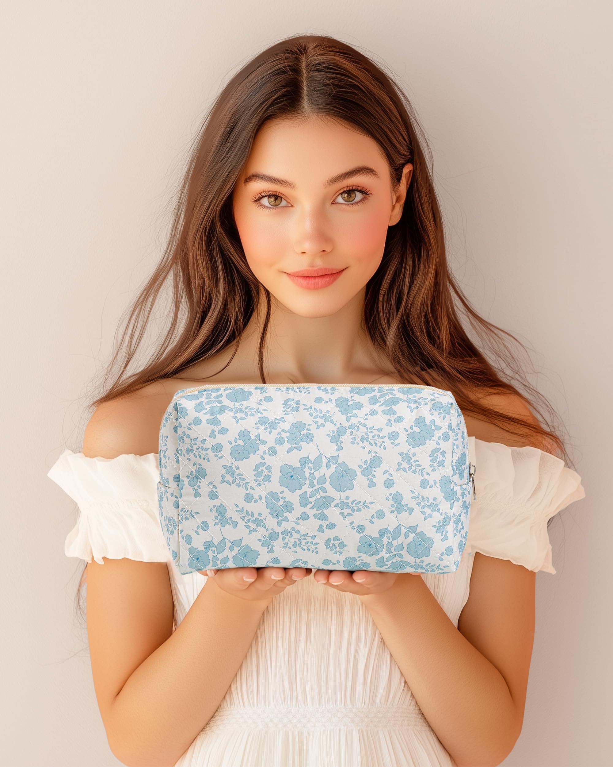HBselect Quilted Makeup Bag for Women - Large Travel Cosmetic Organizer with Floral Design, Cotton Toiletry Bag for Girls (Blue Flower) | Perfect for Travel, Gym & Daily Essentials Storage