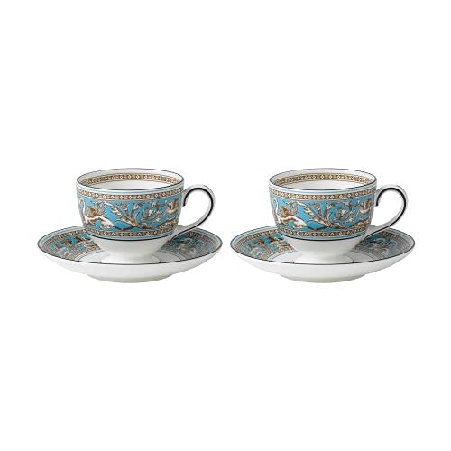 Wedgwood Florentine Turquoise Tea Cups and Saucers Set of 2 - Elegant Bone China Tea Set for Afternoon Tea, Bridal Shower, or Vintage Home Decor