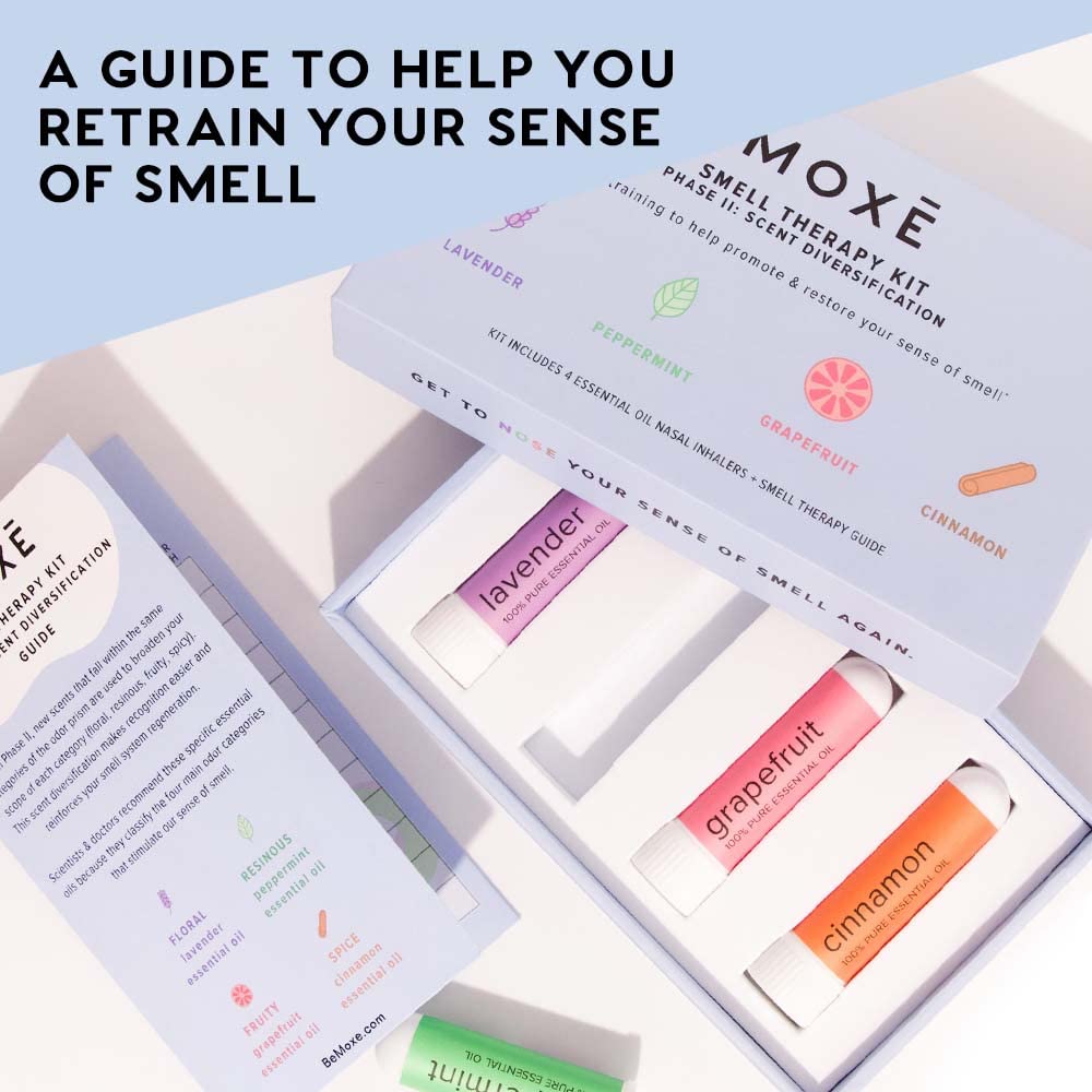 MOXĒ Smell Training Kit for Anosmia Recovery - 4 Pure Essential Oil Scents, Made in USA - Natural Therapy for Smell Loss & Olfactory Retraining - Includes Guidebook & Scent Journal (Phase 2) - Perfect for Post-COVID Smell Rehabilitation & Sensory Therapy