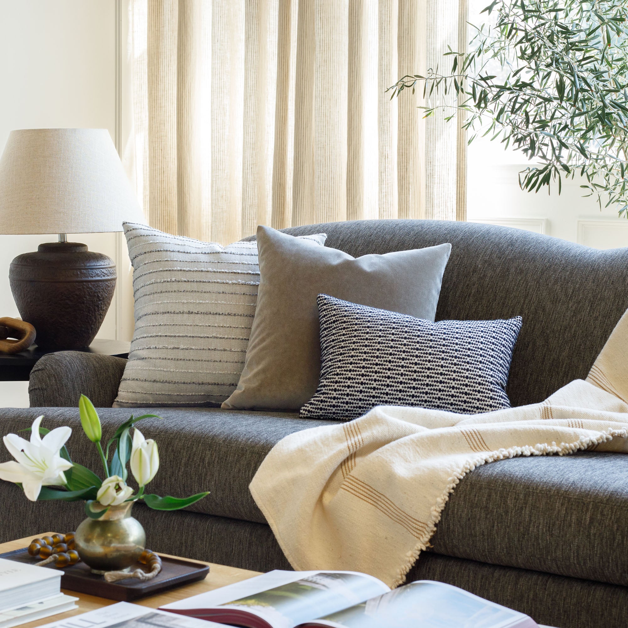 Wren Stripe 22x22 Decorative Throw Pillow Cover - Cobblestone Gray - Soft Cotton Square Cushion Case for Sofa, Bed, Living Room & Home Decor