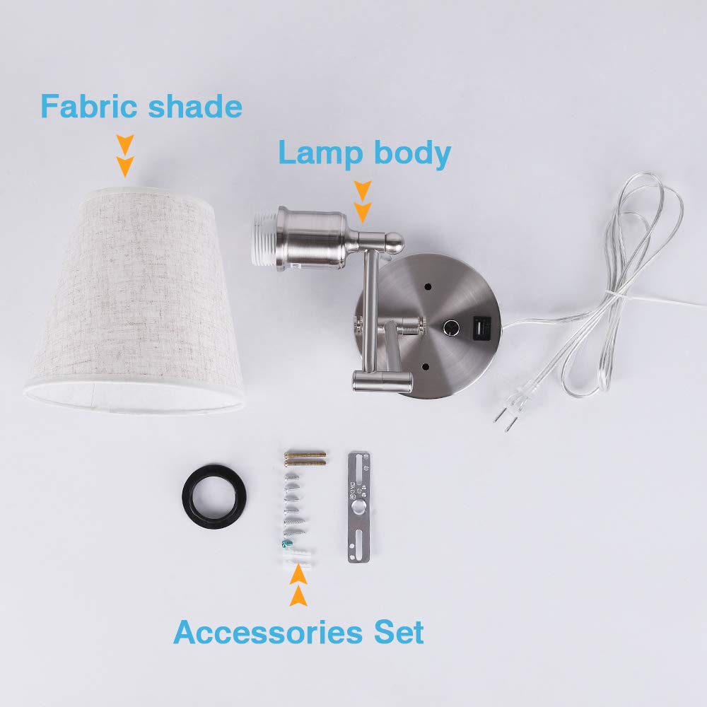 Dimmable Swing Arm Wall Sconce Light with USB Port & Plug-in Cord - Adjustable Fabric Shade Bedside Lamp for Bedroom, Living Room & Hotel - Perfect for Reading, Nightstand Lighting & Cozy Ambience