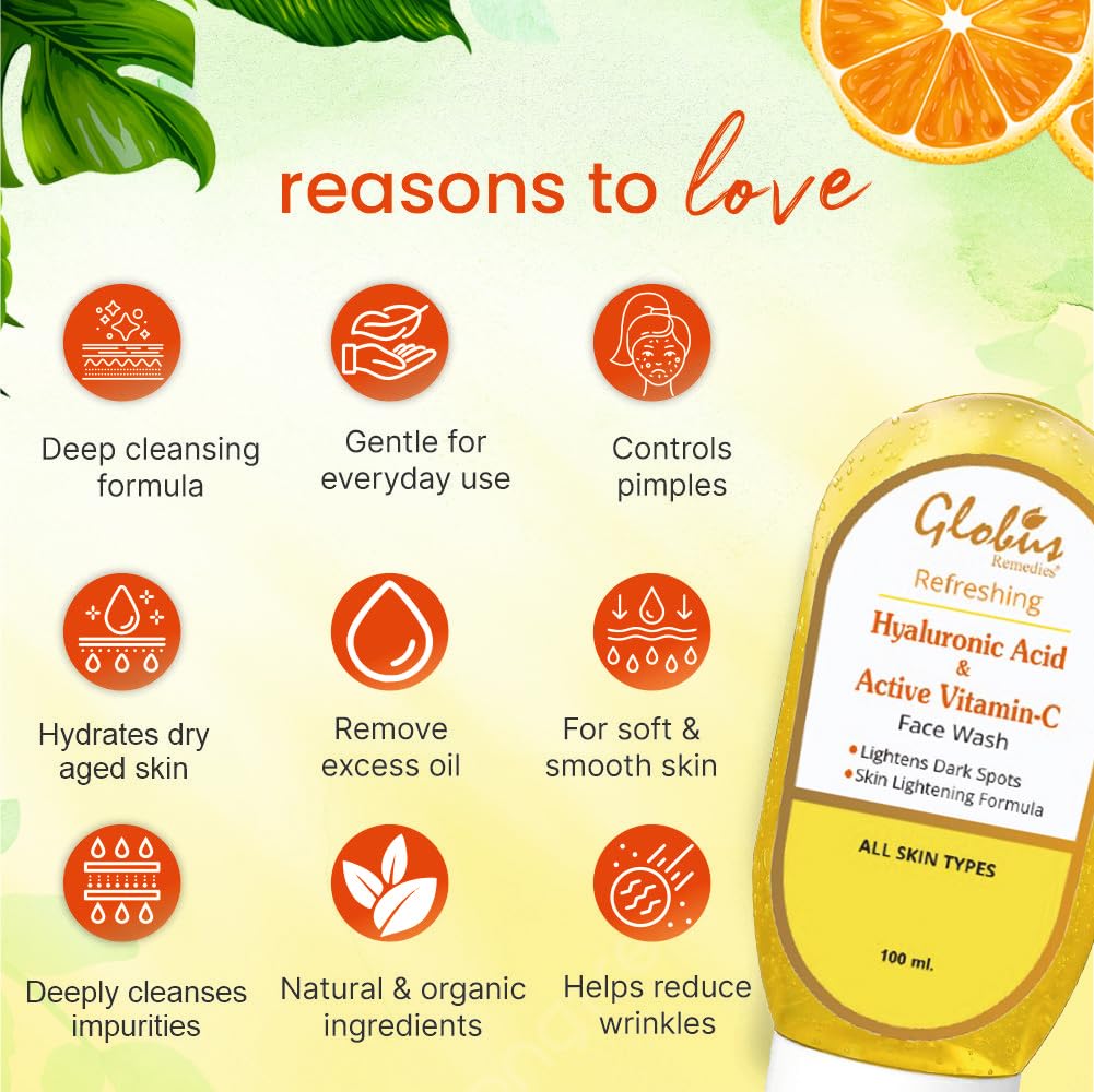 Globus Refreshing Anti-Aging Face Wash with Hyaluronic Acid & Vitamin C - 100ml (Pack of 2) - Hydrating & Brightening Facial Cleanser for Daily Skincare Routine
