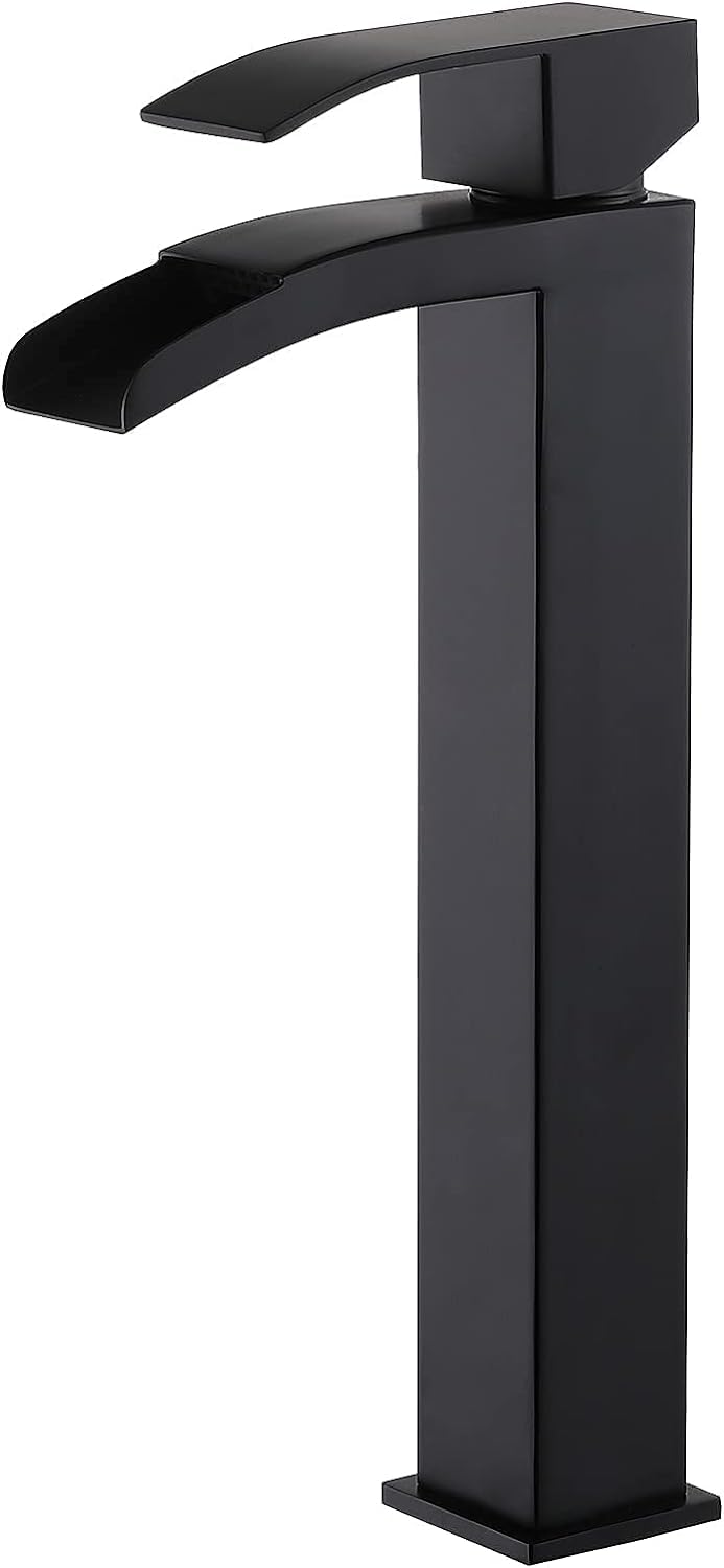 Black Single Handle Waterfall Vessel Sink Faucet with Pop-Up Drain - Tall RV Bathroom Faucet for Vanity Sink, Includes Two 3/8