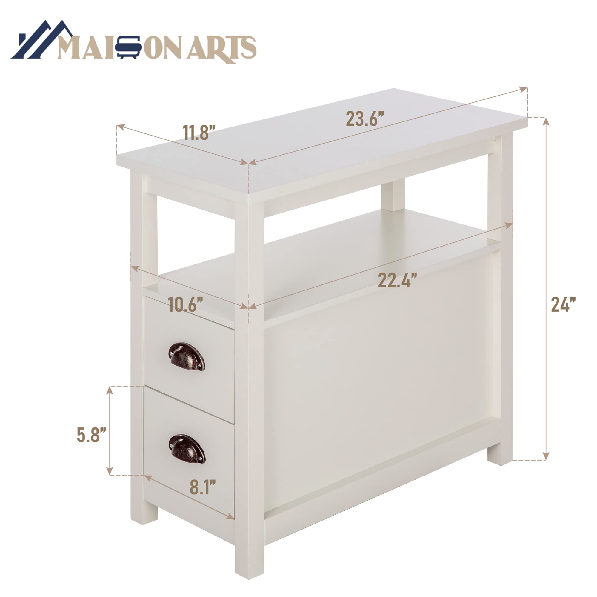MAISON ARTS Narrow End Tables Set of 2 with Storage Drawers & Open Shelf - Compact Sofa Side Tables, Nightstands for Living Room, Bedroom - Ivory - Perfect for Small Spaces, Apartment Decor & Coffee Table Alternatives