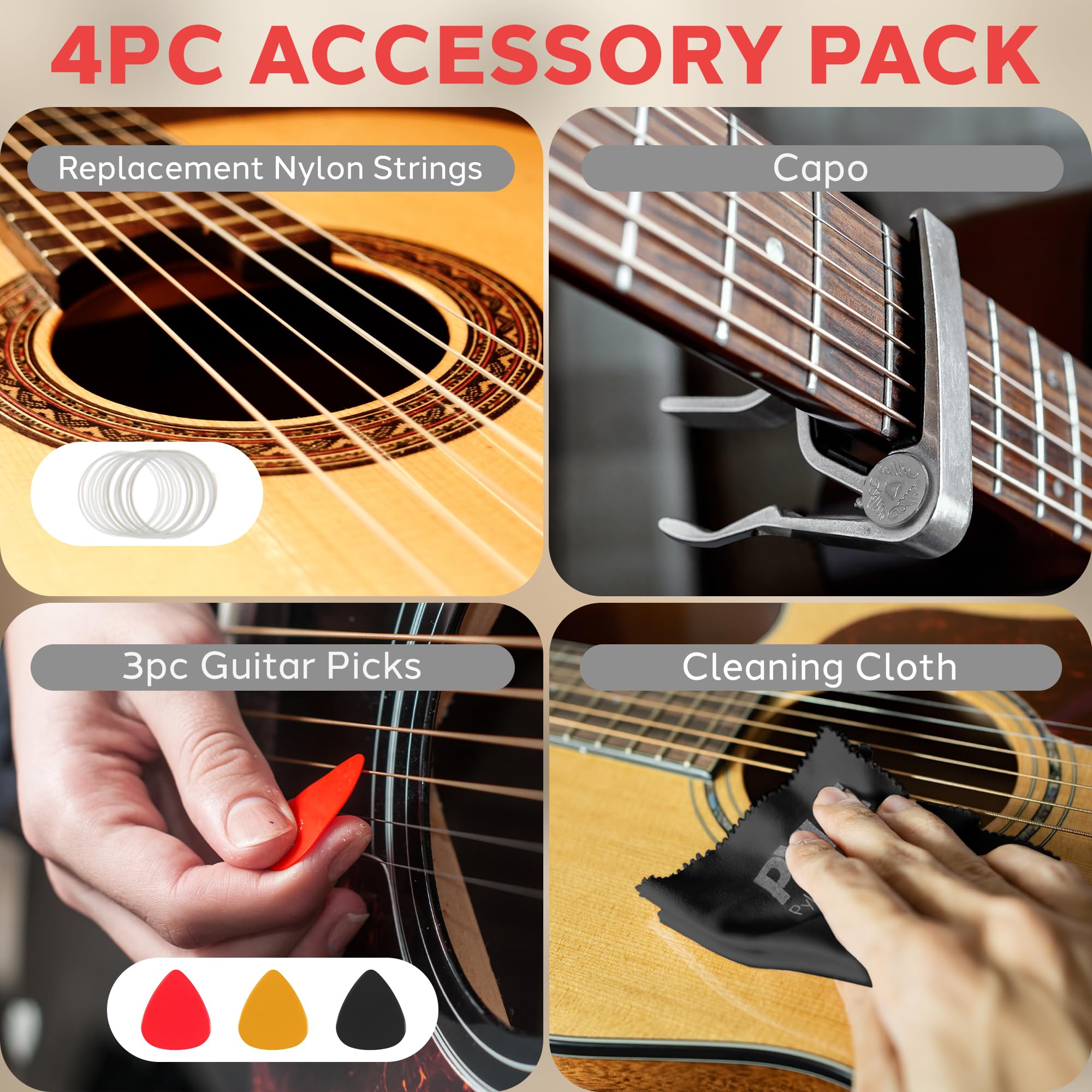 **Pyle 4/11 Accessory Kit - Full Set of Guitar Replacement Parts (6 Aquila Nylon Strings, Capo, 3 ABS Felt Picks, Cleaning Cloth) - Perfect for Acoustic & Classical Guitar Maintenance & Performance**