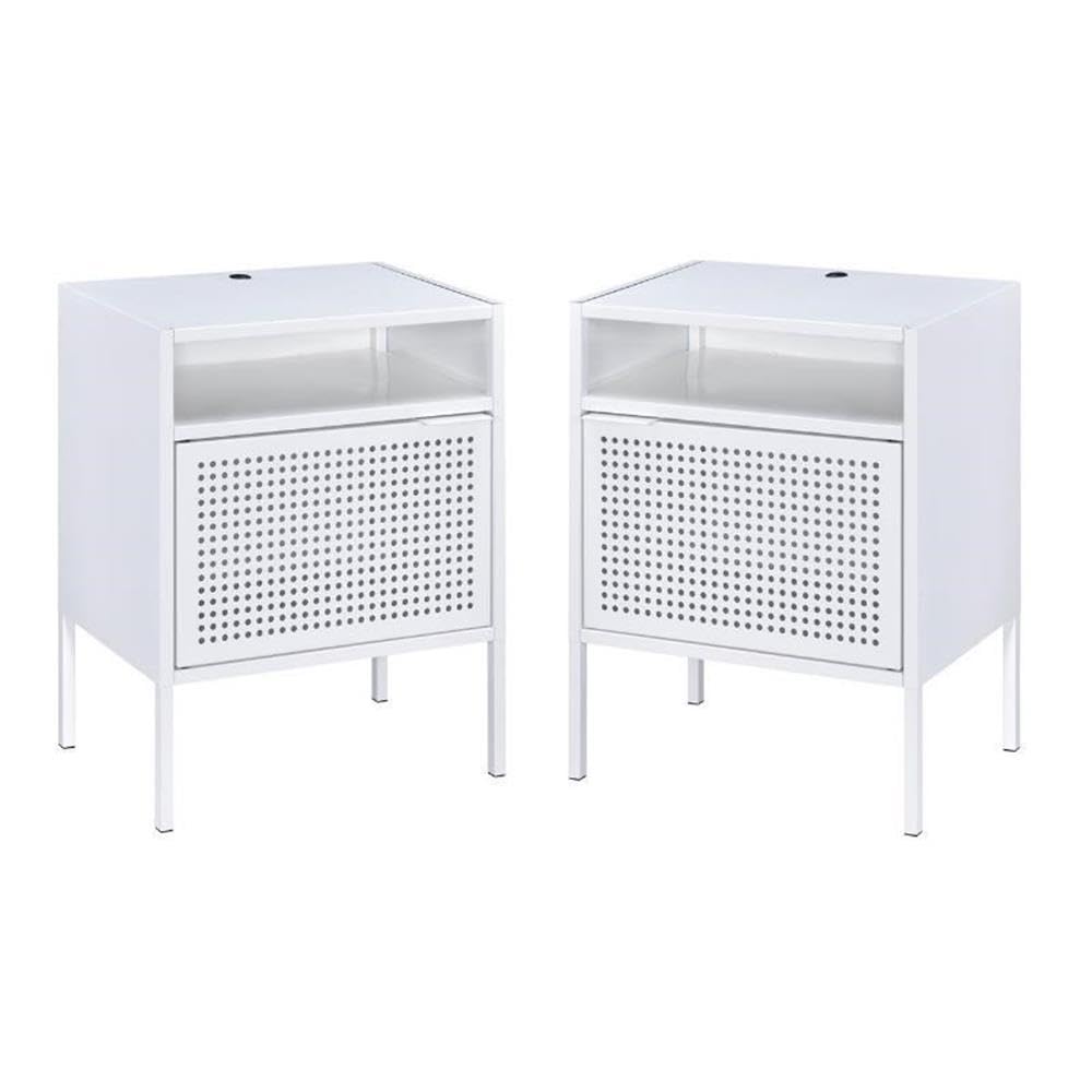 2-Piece White Metal Nightstand Set with USB Ports - Modern Bedside Tables for Bedroom, Living Room & Office Storage