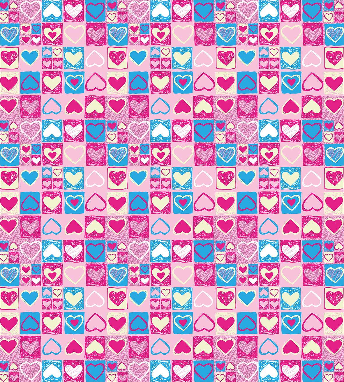 Ambesonne Love Duvet Cover Set - Queen Size 3 Piece Bedding with 2 Pillow Shams, Pink Blue Cream Doodle Sketchy Hearts in Squares Romantic Design for Girls Bedroom Decor | Perfect for Valentine's Day, Wedding Gift, or Teen Girl's Room Makeover