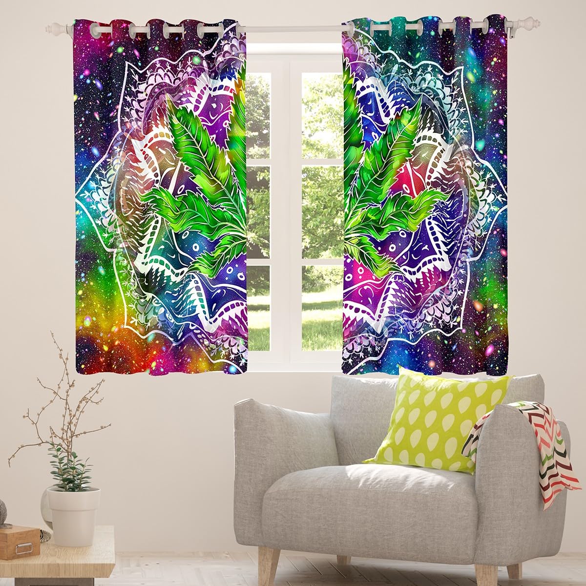 Feelyou Blackout Curtains for Kids - Green Marijuana Leaf & Boho Mandala Design, 30%-50% Light Blocking, 2 Panels (52x96 Inch) - Perfect for Bedroom, Nursery, or Dorm Room Window Treatments