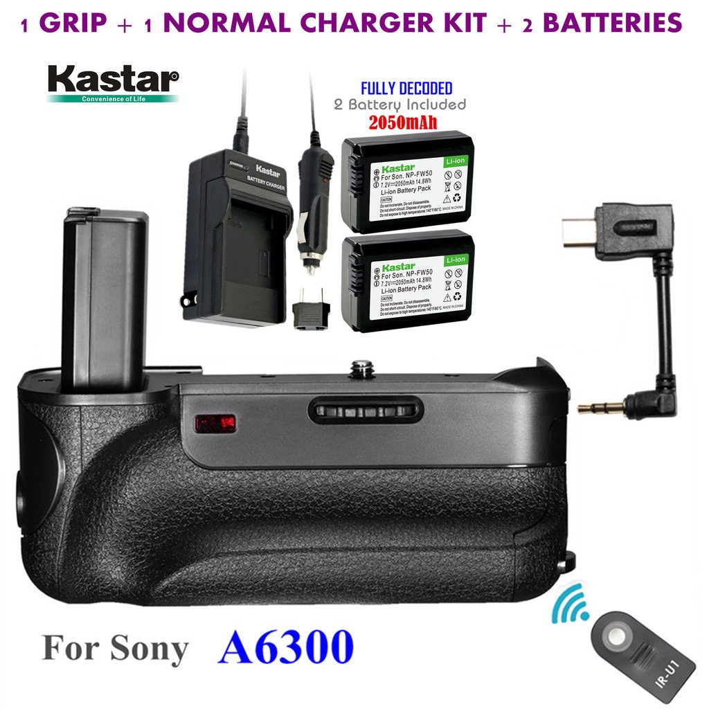 Kastar Infrared Remote Control Pro Vertical Battery Grip with Built-in 2.4G Wireless Control + 2 x NP-FW50 Replacement Batteries + Charger Kit for Sony ILCE-A6300/A6300 DSLR Camera - Perfect for Photography, Videography & Travel Shooting
