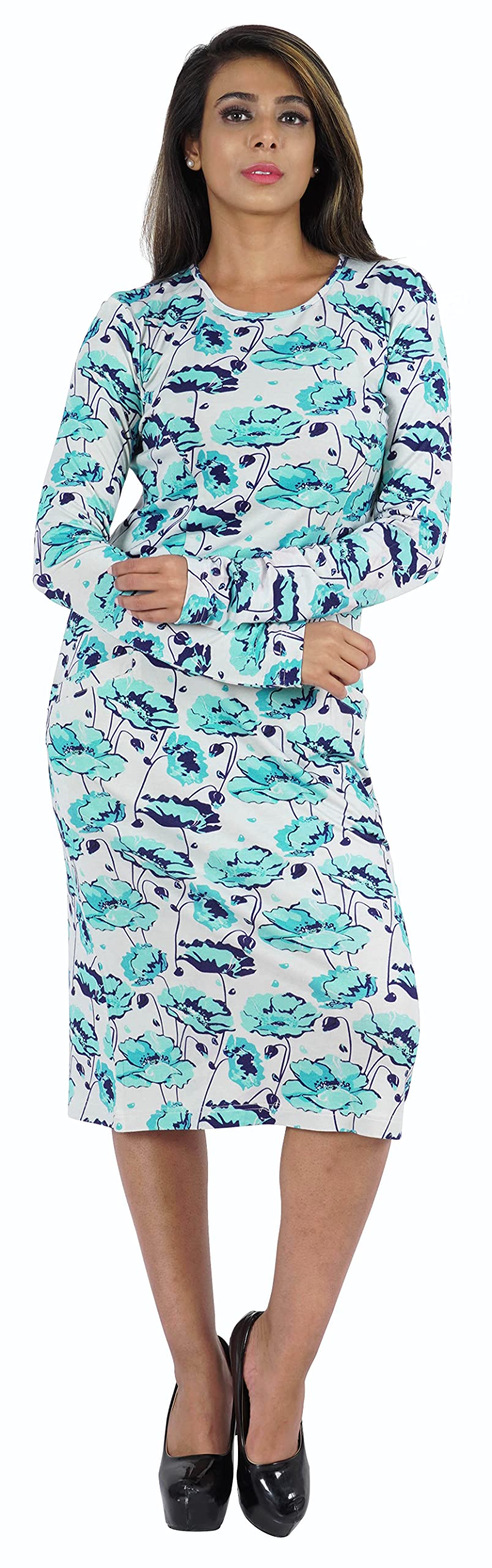 Bimba Women's Printed Long Bodycon Dress with Pockets - Full Sleeve Midi Dress for Party, Date Night & Office Wear