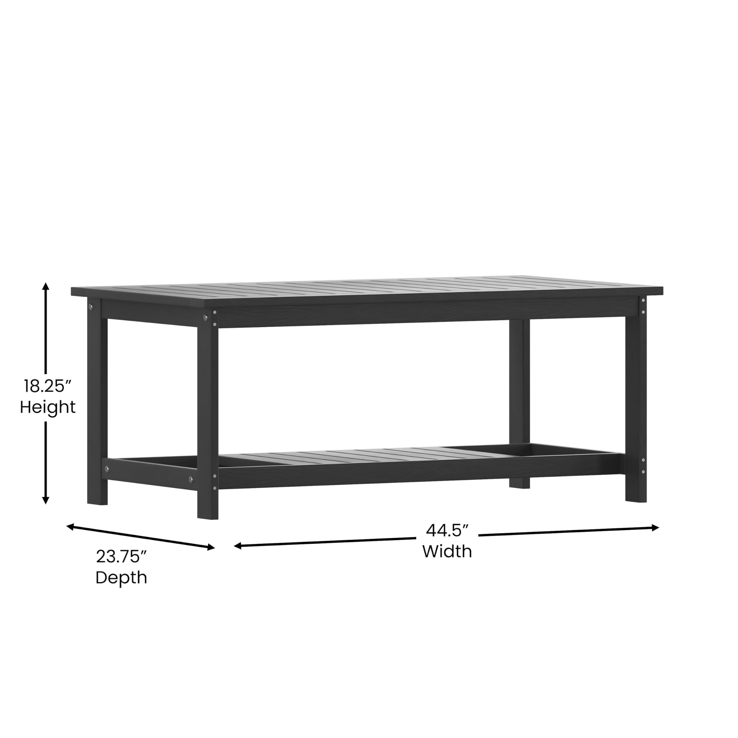 Two-Tiered Commercial Grade Adirondack Coffee Table - Durable Black Poly Resin Wood - All-Weather Outdoor Furniture - Slatted Shelf Design - Perfect for Patio, Deck, Garden, and Poolside Relaxation