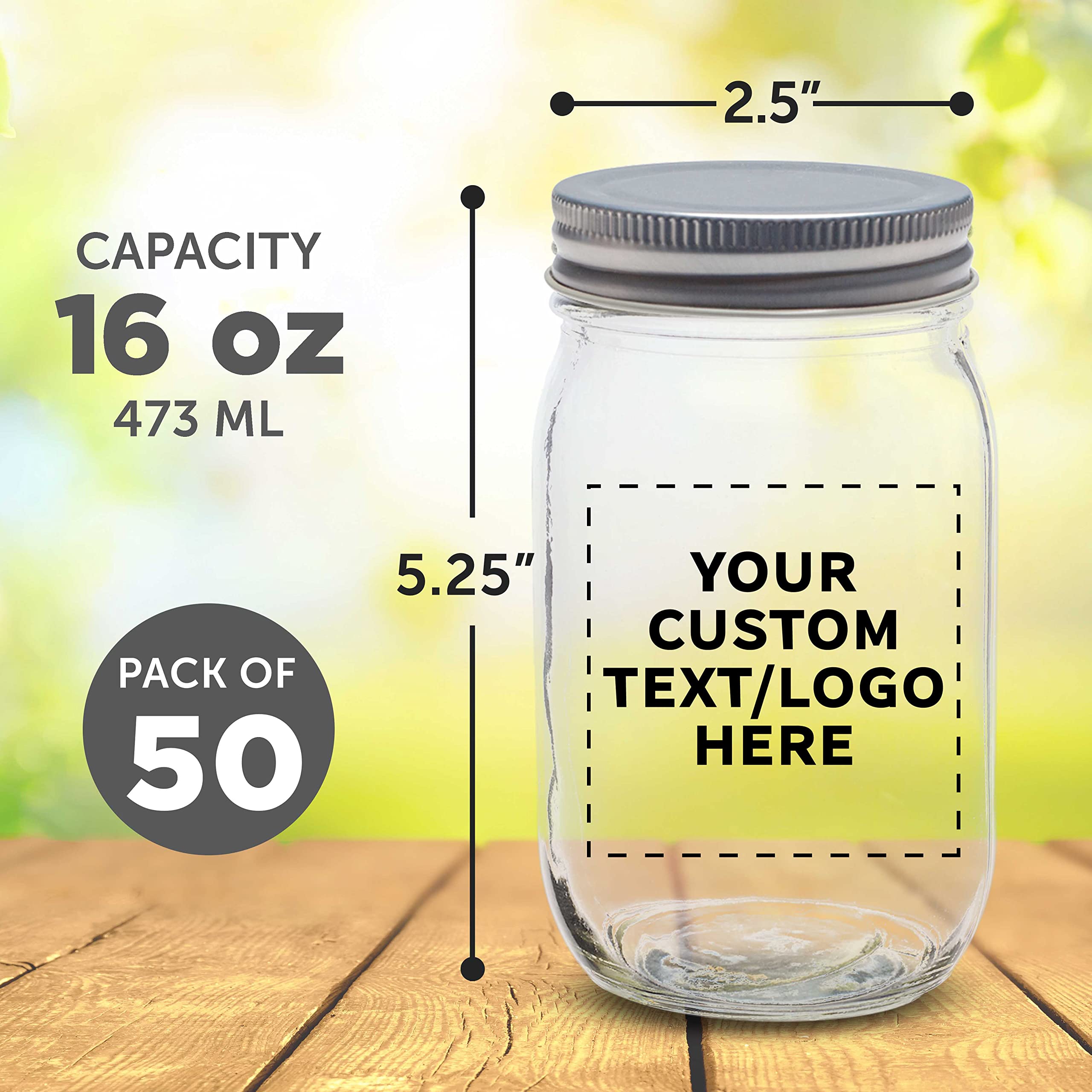 Custom 16 oz Mason Jars with Lids - Bulk Pack of 50 Glass Jars for Overnight Oats, Candies, Pickles & Spices - Personalized Clear Storage Containers - Perfect for Meal Prep, DIY Gifts & Pantry Organization