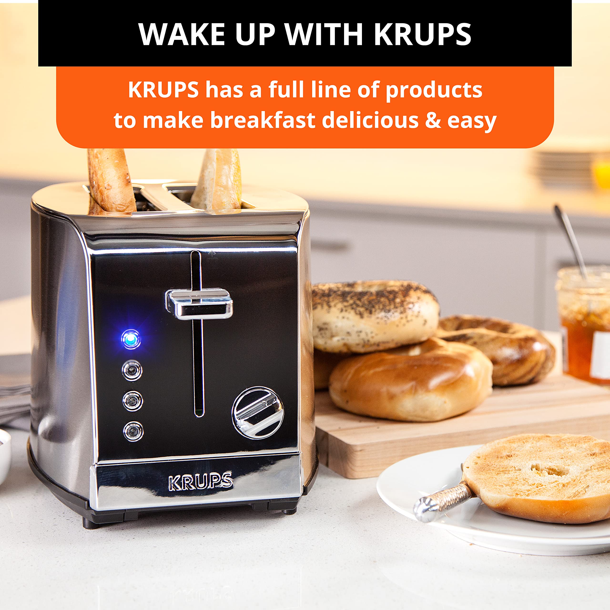 KRUPS 2-Slice Stainless Steel Toaster with 6 Browning Levels & 4 Functions - Perfect for Breakfast, Office, or Dorm Room (Silver)