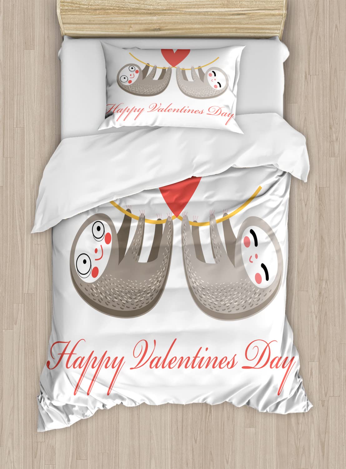 Ambesonne Sloth Duvet Cover Set - 2-Piece Twin Size Bedding with 2 Duvet Covers & 2 Pillowcases - Happy Valentine's Day Tropical Animal Print in Warm Taupe Vermilion - Perfect for Kids' Rooms, Valentine's Gifts & Cozy Bedroom Decor