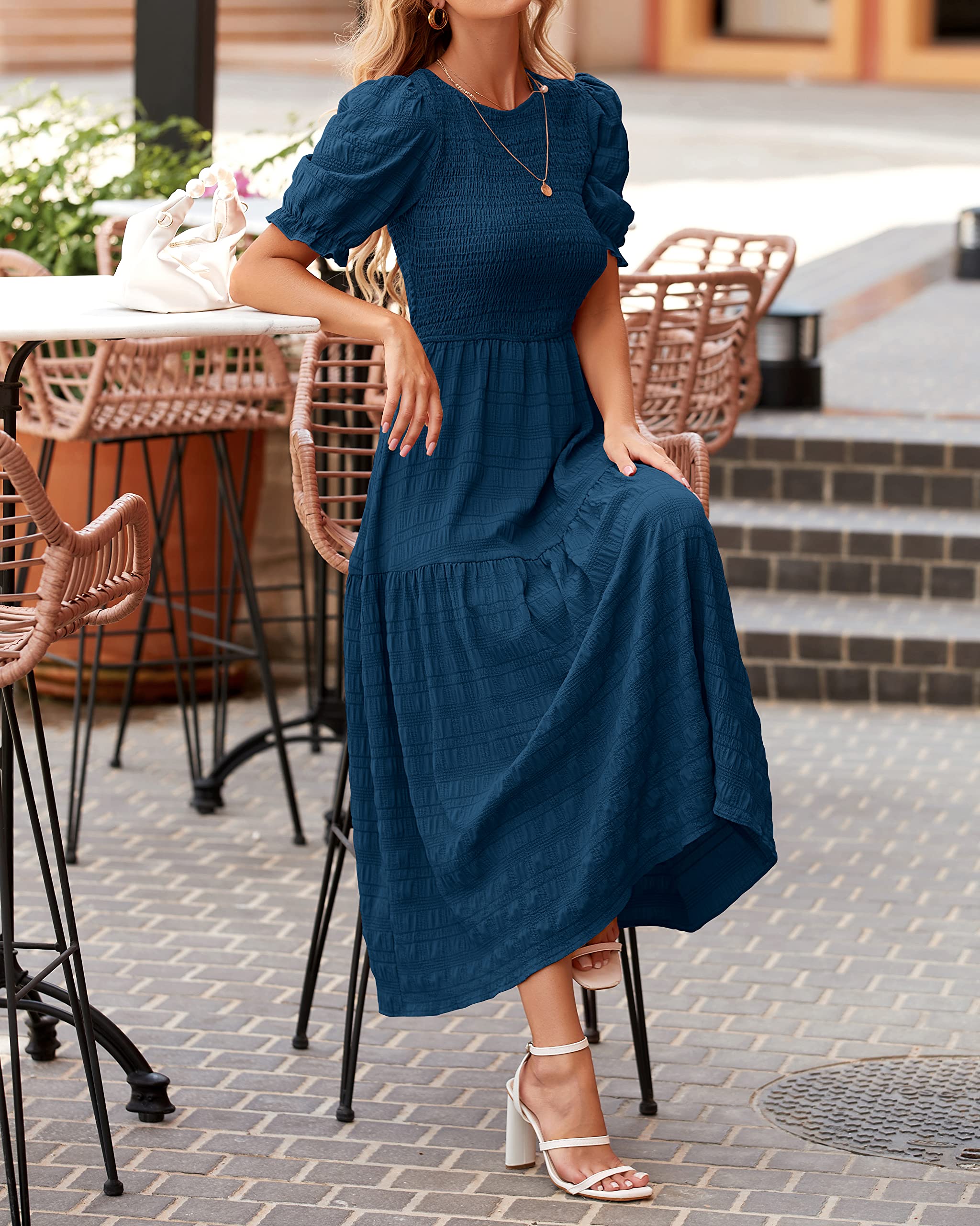 Dowerme Women's Summer Dresses 2025 - Casual Puff Short Sleeve Crewneck Smocked Flowy Ruffle Boho Maxi Sundress for Beach, Party & Vacation Wear