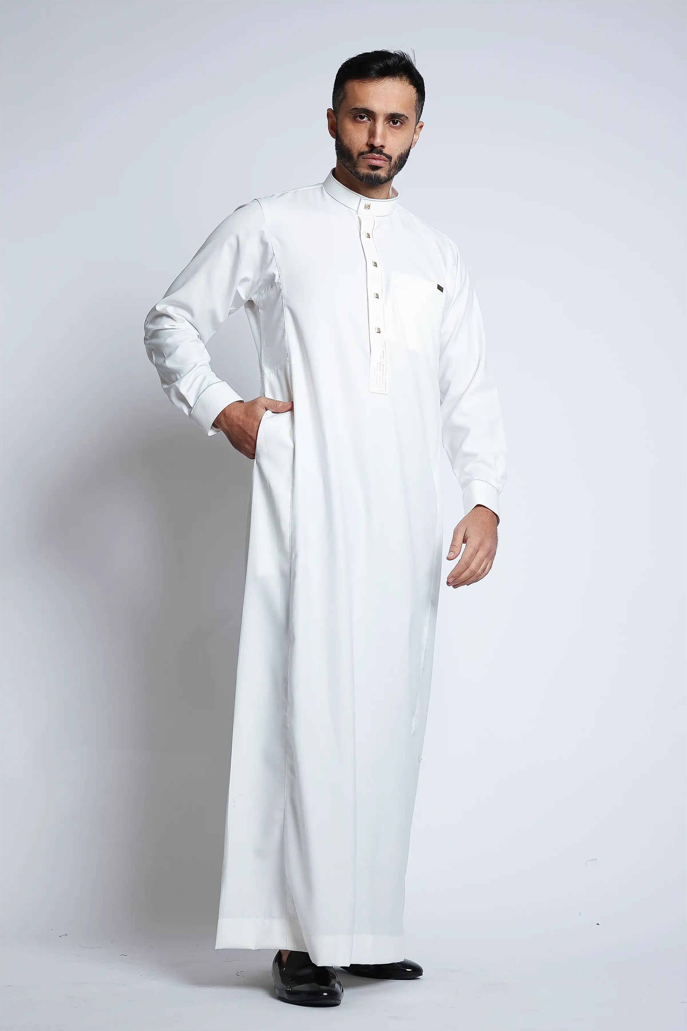 Premium J132 Cream Embroidered Thobe for Men - Traditional Islamic Robe for Eid, Ramadan & Special Occasions